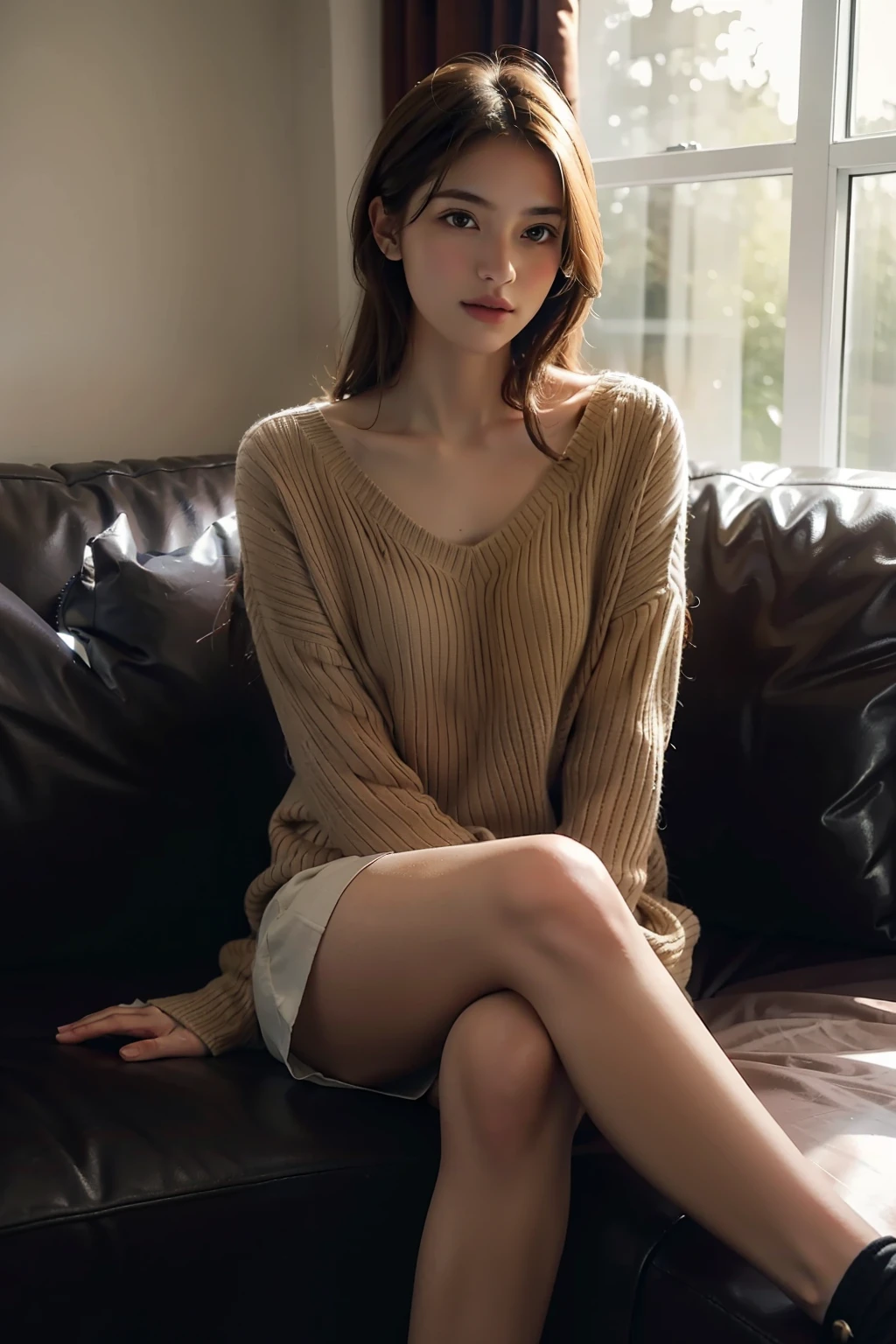 1girl,sitting on a cozy couch,crossing legs,soft light
