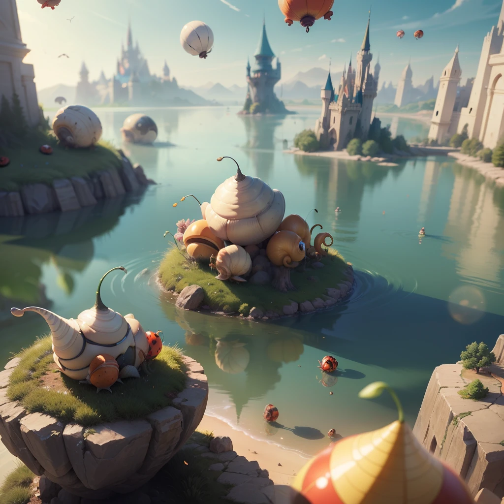 Fantasy, Cartoon illustration of a fantasy world with bizarre large snails and ladybugs, Flying over the surface of the lake, Everyone is cheerful and happy. close-up, cartoon style Disney Pixar. cinematic, Lots of details. Blurred fantasy background. light haze. --auto --s2