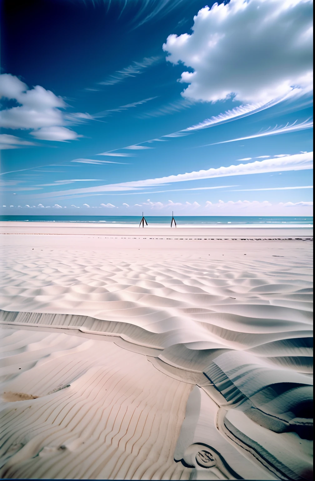 Top image quality,On the silver sand,Exhibit instruments with a sense of technology,Perspective is normal,Low-angle long-distance shooting,Multiple instruments flying,Minimalist scene,In the daytime,sunny clear sky,There is no cloud,Frontlighting,Shot