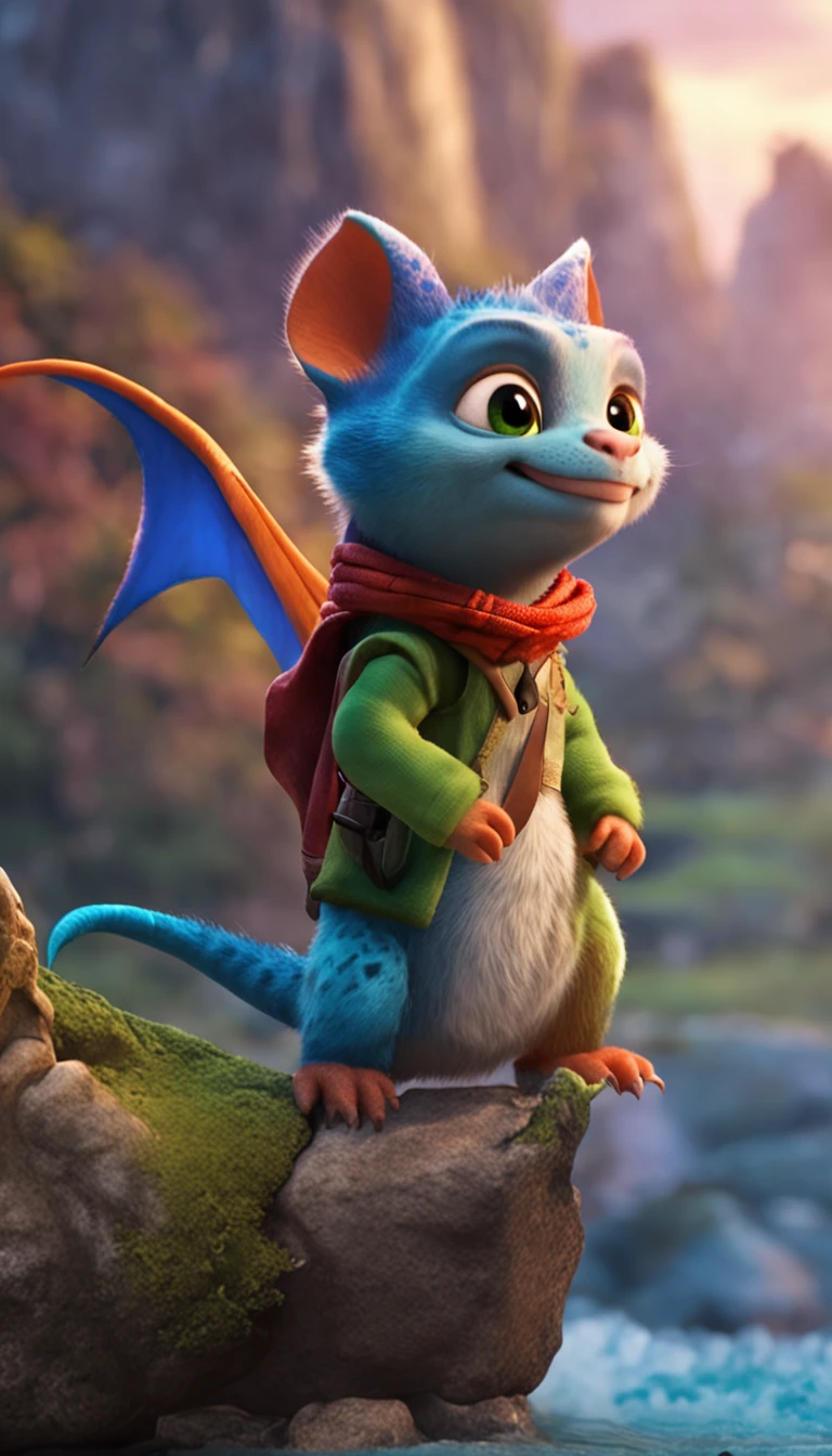 Crie uma imagem de Drako, The Brave Little Dragon, with a colorful coat and a curious expression, brincando animadamente com seus amigos gatos: Mia, Leo and Luna, in a magical setting full of adventures