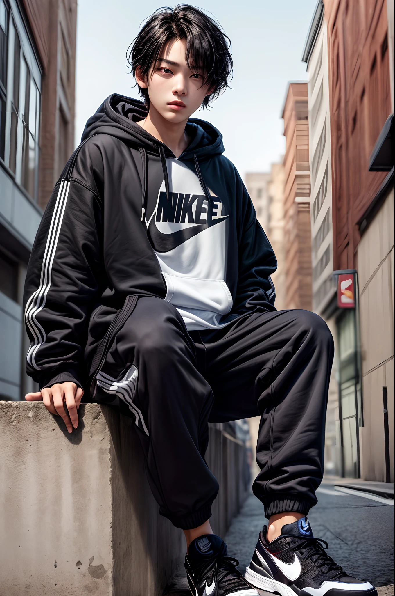 (masterpiece), (extremely intricate:1.3), (realistic), ((1girl)), ((solo)),1 boy, handsome boy, black hair, hair with comma, hair with comma on forehead, Korean hair, street style, hoodie, white background, bright, red eyes, looking at viewer, full body, Nike sneakers.