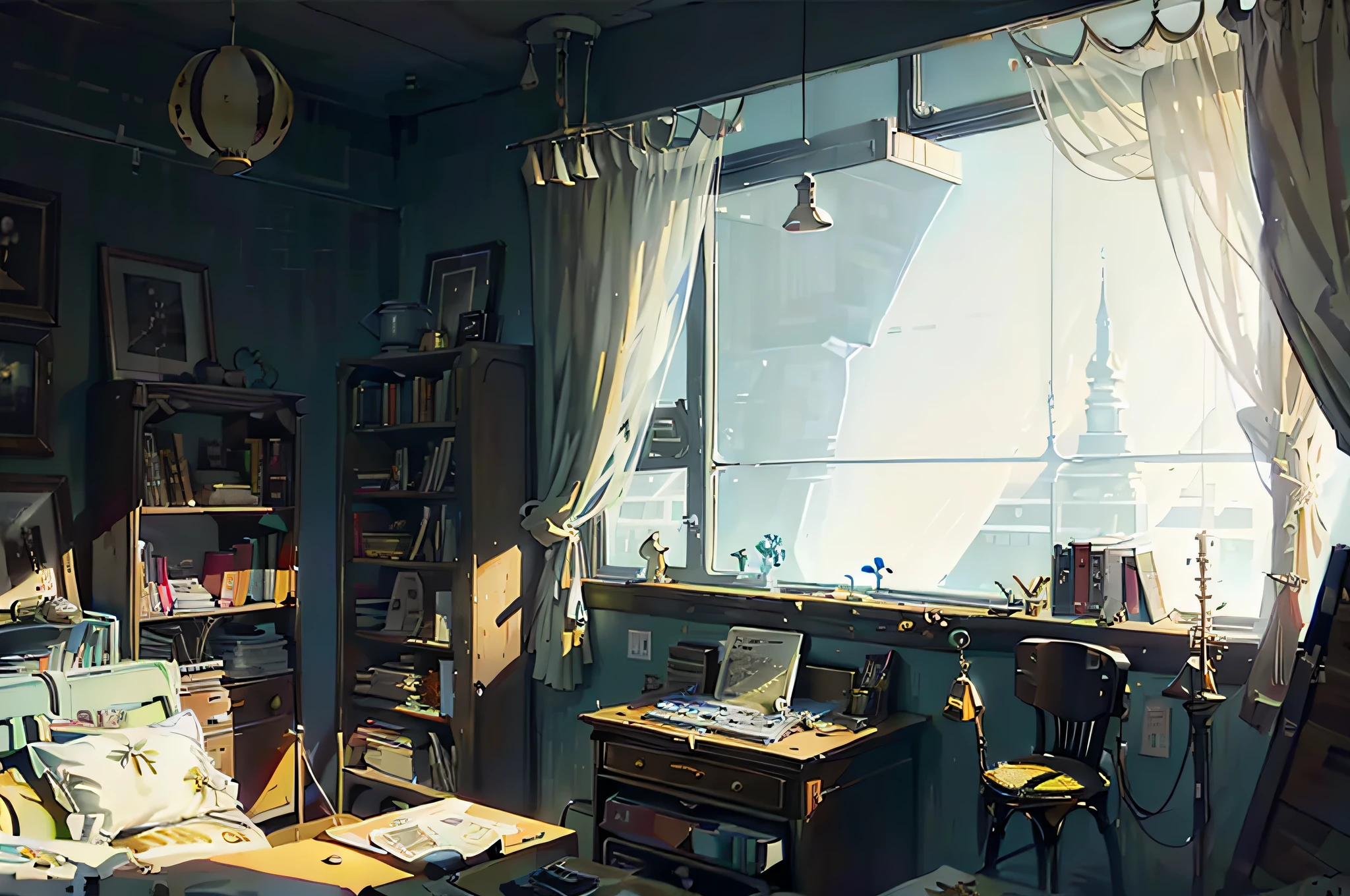 Apartment with a bay window overlooking Saturn, with shelves filled with messy books, ordinateur, ukulele, piano, texture 50s, style lo-fi jazz hip hop, style old cartoon, highly detailed
