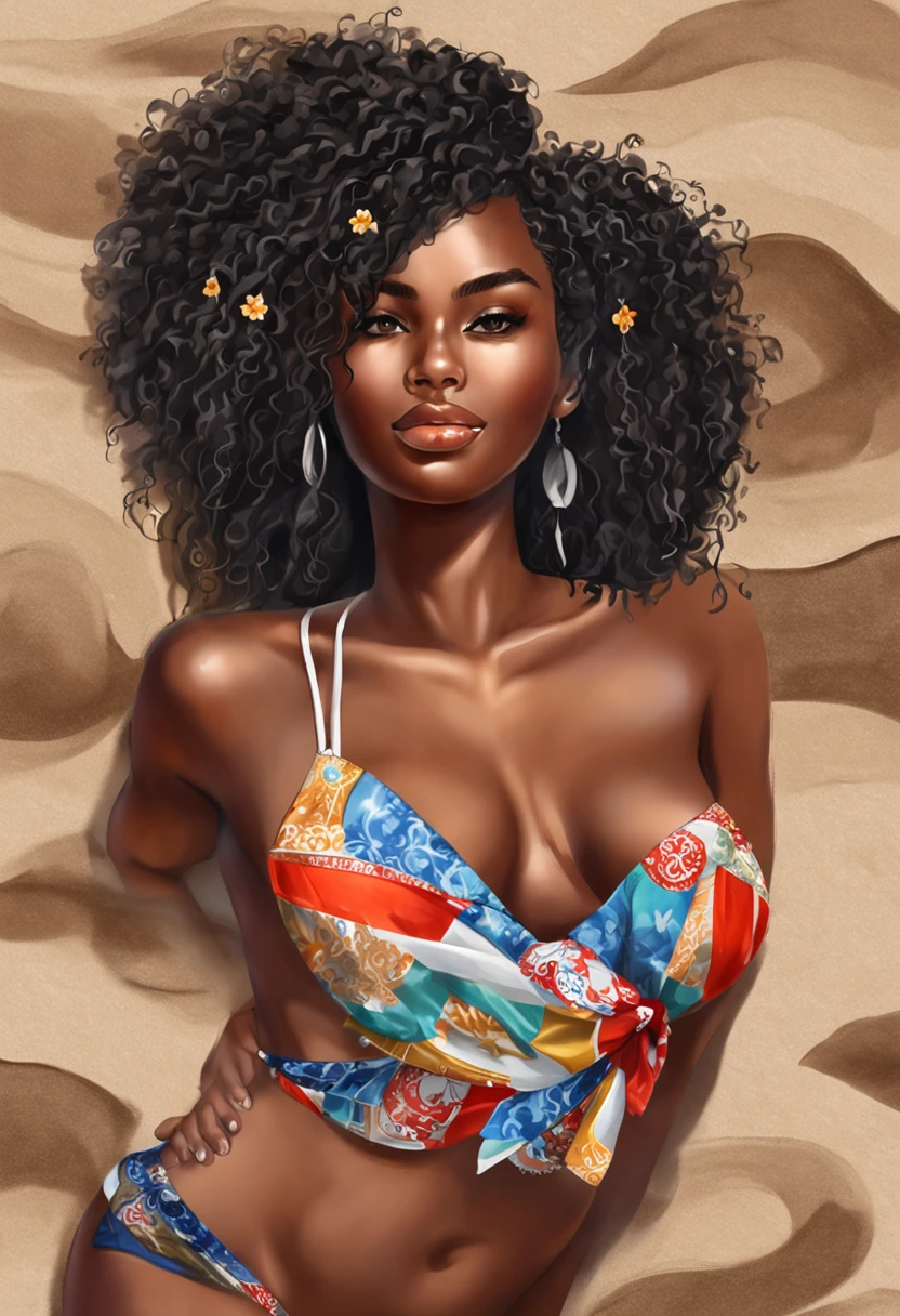 (from above:1.5), (full body:1.4), (from behind:1.25), (fluffy turned:1.25), RAW uhd portrait photo of a 18-year-old brazilian ebony woman, (flawless face), cute face, chubby face, sunburnt ebony skin, flower print bikini, (extreme long light afro curly hair), jade eyes, detailed skin pores, oiled skin, tan, intricate eye detail, (big cheeks), natural breasts_dd, unbalanced breasts, (cleavage), detailed (textures!, hair!, shine, color!!, imperfections:1.1), highly detailed glossy eyes, (looking at the camera), Kissable Lips, specular lighting, beautiful knees, dslr, ultra quality, sharp focus, tack sharp, dof, film grain, (centered), Fujifilm XT3, crystal clear, center of frame, sharp focus, super white beach sand, bokeh, (dimly lit), low key, at night, (night sky), barefoot on the white sand, colorful flag print beach towel on the floor