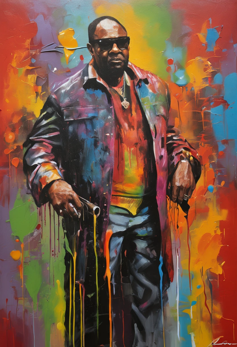 Pimp in O Block Chicago with guns graffiti art, splash art, street art, spray paint, oil gouache melting, acrylic, high contrast, colorful polychromatic, ultra detailed, ultra quality, CGSociety