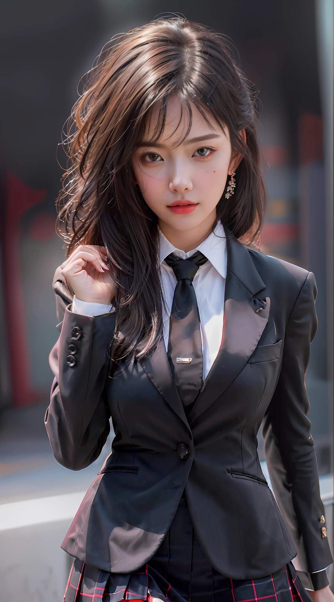 best quality, masterpiece, 1girl, Beautiful face, (photo realistic:1.3), rim lighting, (high detailed skin:1.2), 8k uhd, dslr, high quality, high resolution, 4k, 8k, Bokeh, absurdres, best ratio four finger and one thumb, (realistic:1.3), cute 1girl, wearing black formal blazer, medium breasts, short skirt,