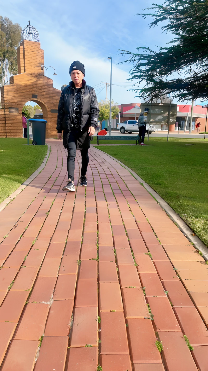 there is a man walking down a brick path in a park, walking at the park, walking through a suburb, walking towards camera, walking away from the camera, man walking, walking towards the camera, walking away from camera, walking confidently, beautiful surroundings, walking to work, with walkways, proudly walking down the street, walking on the street