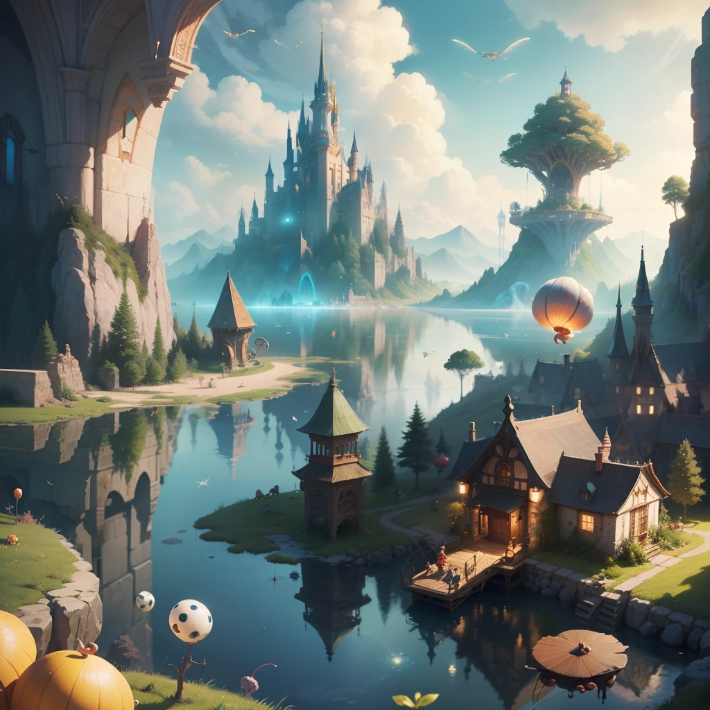 Fantasy, Cartoon illustration of a fantasy world with bizarre large caterpillars and snails, Flying over the surface of the lake, Everyone is cheerful and happy. close-up, cartoon style Disney Pixar. cinematic, Lots of details. Blurred fantasy background. light haze. --auto --s2