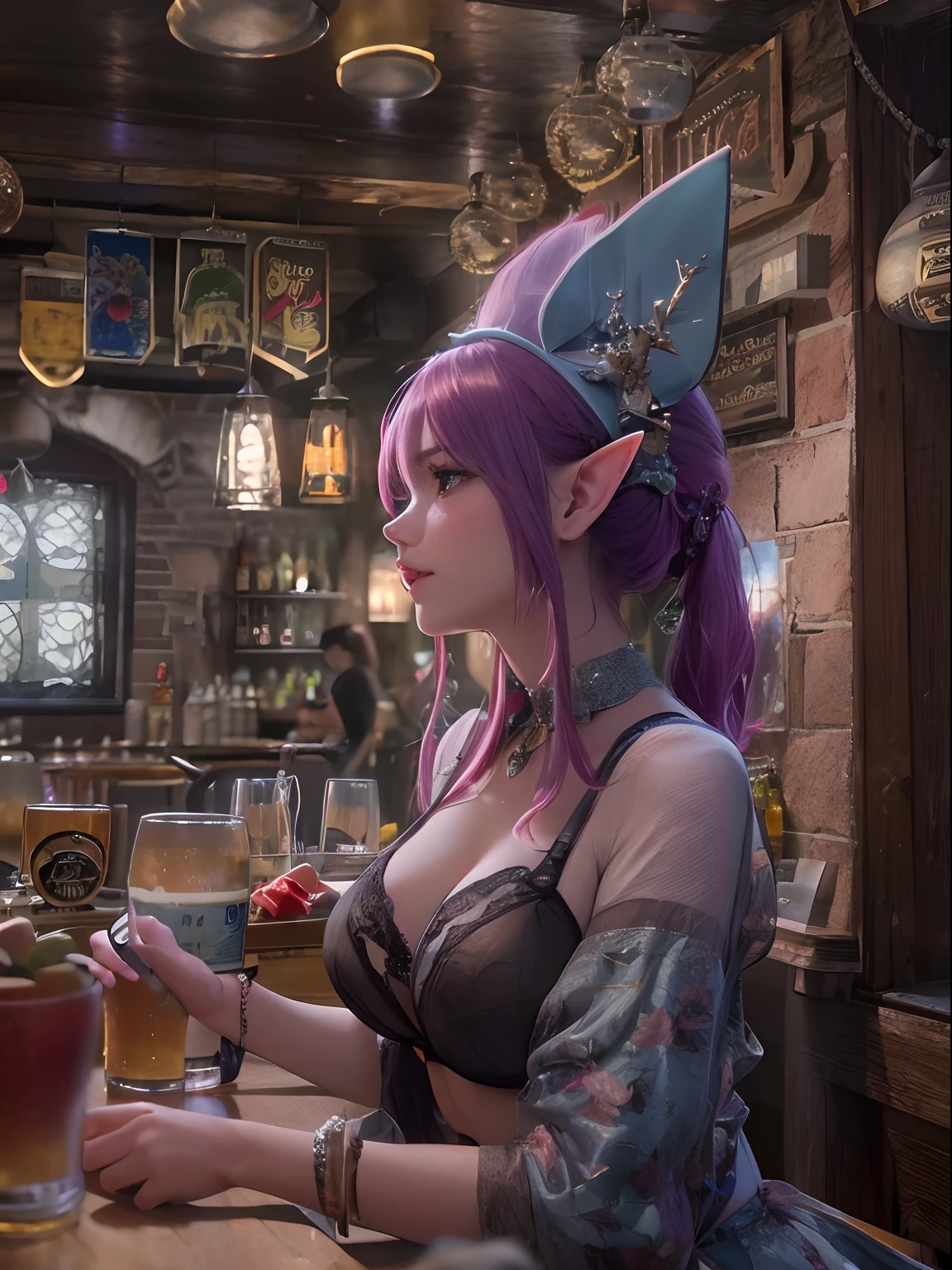 (masutepiece, High resolution, Photorealsitic:1.4), (Elf working in a tavern wearing maid clothes that emphasize breasts often seen in sensual and statue-like figure games:1.3), (Shortwear, tight-fitting clothes、Walk towards the river:1.2), (purple color  hair:1.2), (Rosy cheeks blush with a hint of shy:1.2), (I work in an elven pub:1.2), (A stylish pub inspired by medieval Europe:1.1), (Stylish neon lights in the store:1.1), (Canon EOS R5 mirrorless camera:1.2), (Paired with Canon RF 24-70mm f/2.8 L IS USM Lens。:1.2), (Capture the realism of the moment:1.2), (Celebrate the magical charm of meeting the forest:1.2), (Captivating photos that bring fantasy to life:1.1), Cinematic, ultra-detailliert, Insane details, Beautifully color graded, Unreal Engine, degrees of freedom, Hyper-Resolution, Megapixel, cinematic lightening, Anti-aliasing, FKAA, TXAA, nffsw, SSAO, post processed, Post Production, Tone Mapping, ....CGI, VFX, tokusatsu, insanely detailed and intricat, Hyper maximalist, Hyper realistic, Volumetric, Photorealistic, ultra photoreal, Ultra-detailed, Intricate details, 8K, super detailed, fulcolor, Volumetric lightning, nffsw, Realistic, Unreal Engine, 16 K, Sharp Focus, Octane render --v testp