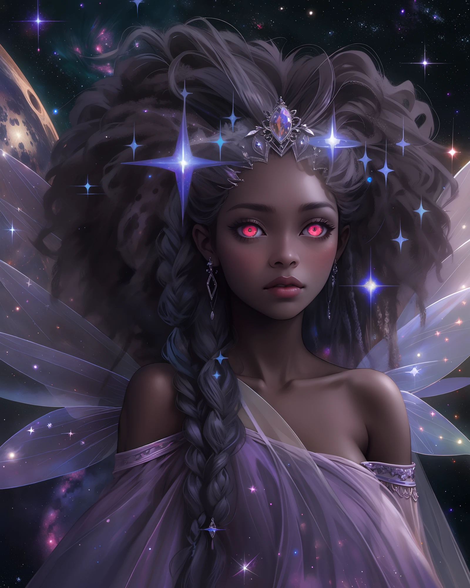 sad hyper realistic, beautiful sad african american dark cloud fairy dark princess fairy, large fairy wings, long silver shiny dreadlocks, white glowing eyes, surrounded by stars and galaxies in cosmic space, GIANT FAIRY WINGS, holding the MOON, masterpiece, cinematic,