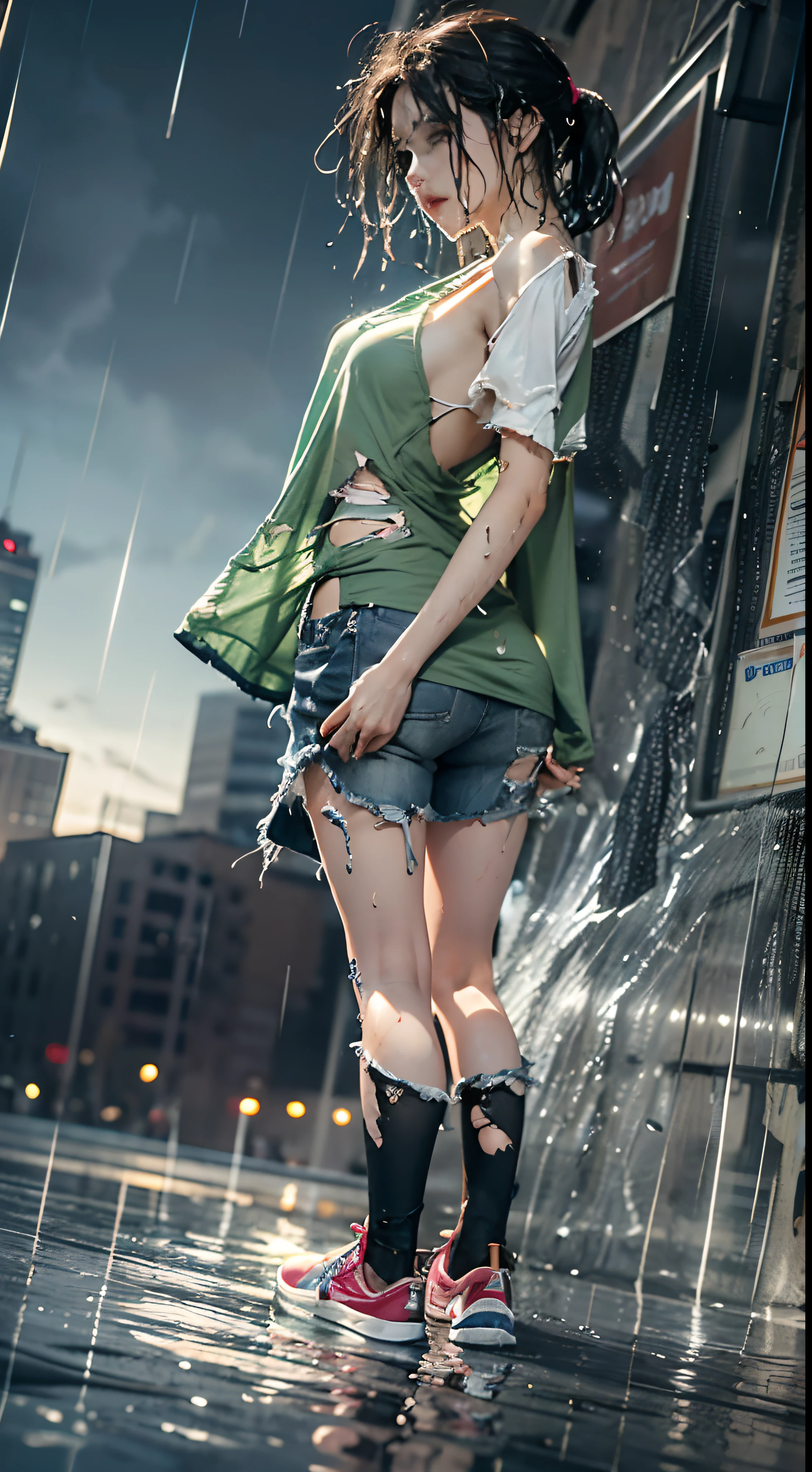 best image quality, masterpiece, super high resolution, (fidelity:1.4), photo, 1woman, very transparent green shirt, perfect female figure, torn jeans skirt, black sneakers, dim, darkness, despair, drop of Sweat by the body, scraps of clothing, pieces of clothes, (torn clothes:1.5), (wet clothes:1.4), bare shoulders, rain drops, sexy pose, see through, very transparent shirt, squatting, back position, ((spread two legs)), LA downtown platform, 8k