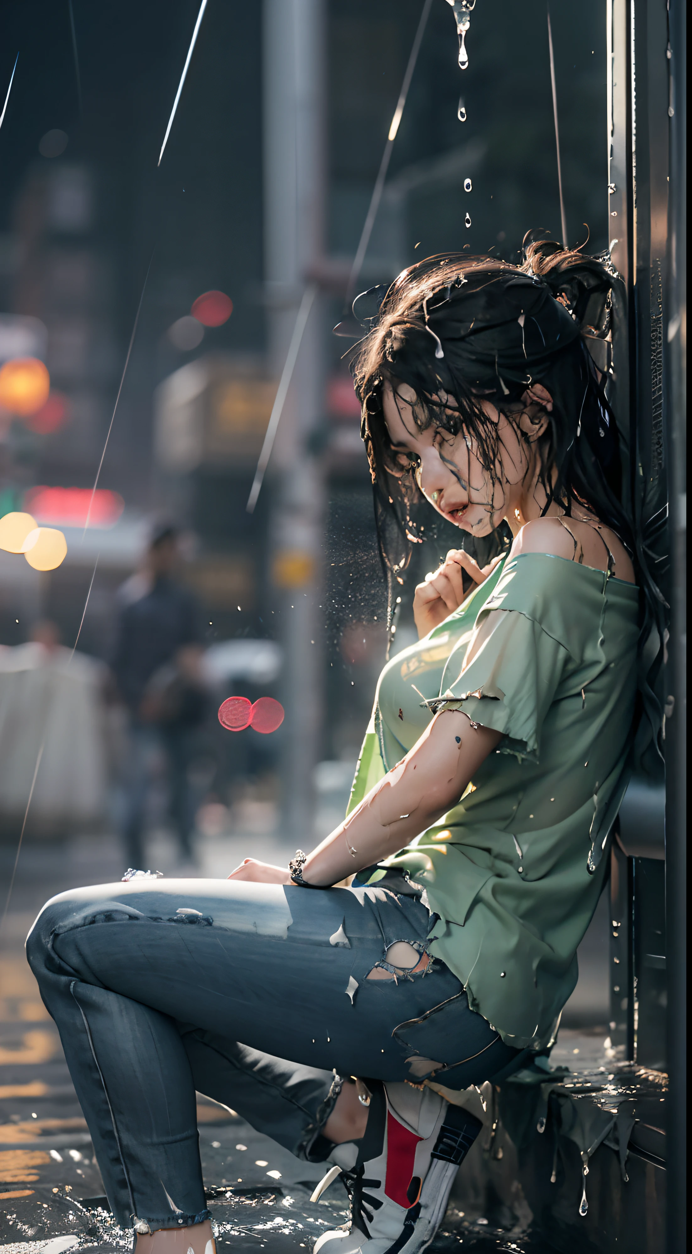 best image quality, masterpiece, super high resolution, (fidelity:1.4), photo, 1woman, very transparent green shirt, perfect female figure, torn jeans skirt, black sneakers, dim, darkness, despair, drop of Sweat by the body, scraps of clothing, pieces of clothes, (torn clothes:1.5), (wet clothes:1.4), bare shoulders, rain drops, sexy pose, see through, very transparent shirt, squatting, back position, ((spread two legs)), LA downtown platform, 8k