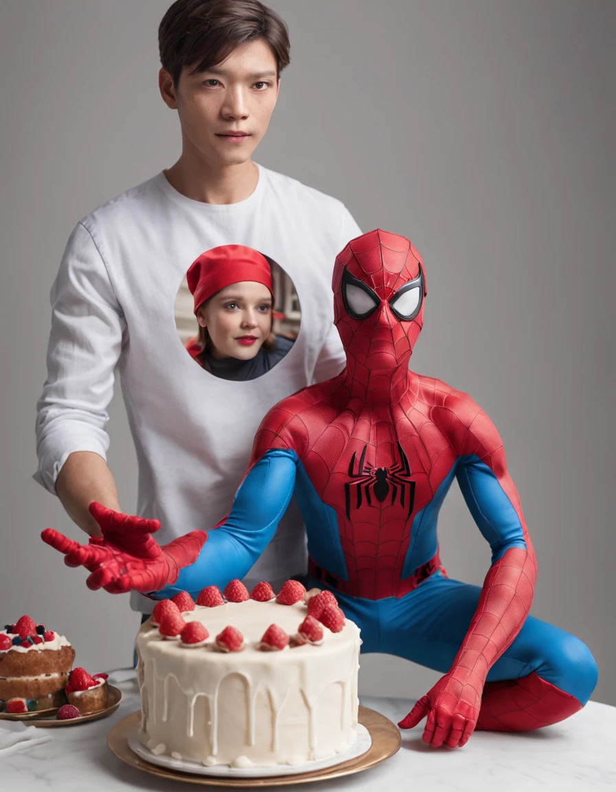 Front image of Spiderman wearing a pastry chef hat and Spiderman Man holding in his hands a birthday cake that says Tobias, mejor calidad, extremadamente detallado, UHD 8k, renderizado de octanaje, Incredibly detailed, fotorrealista, entorno impresionante, volumetric illumination, alto detalle, dramatic, colores tenues.