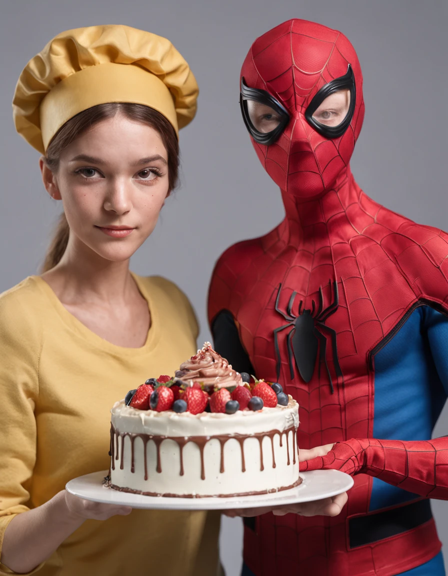 Front image of Spiderman wearing a pastry chef hat and Spiderman Man holding in his hands a birthday cake that says Tobias, mejor calidad, extremadamente detallado, UHD 8k, renderizado de octanaje, Incredibly detailed, fotorrealista, entorno impresionante, volumetric illumination, alto detalle, dramatic, colores tenues.