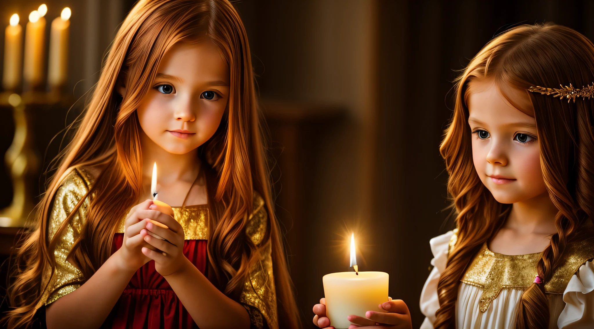 CHILDREN LONG HAIR RED HEAD GOLDEN ANGEL GIRL with candle fits in hand.