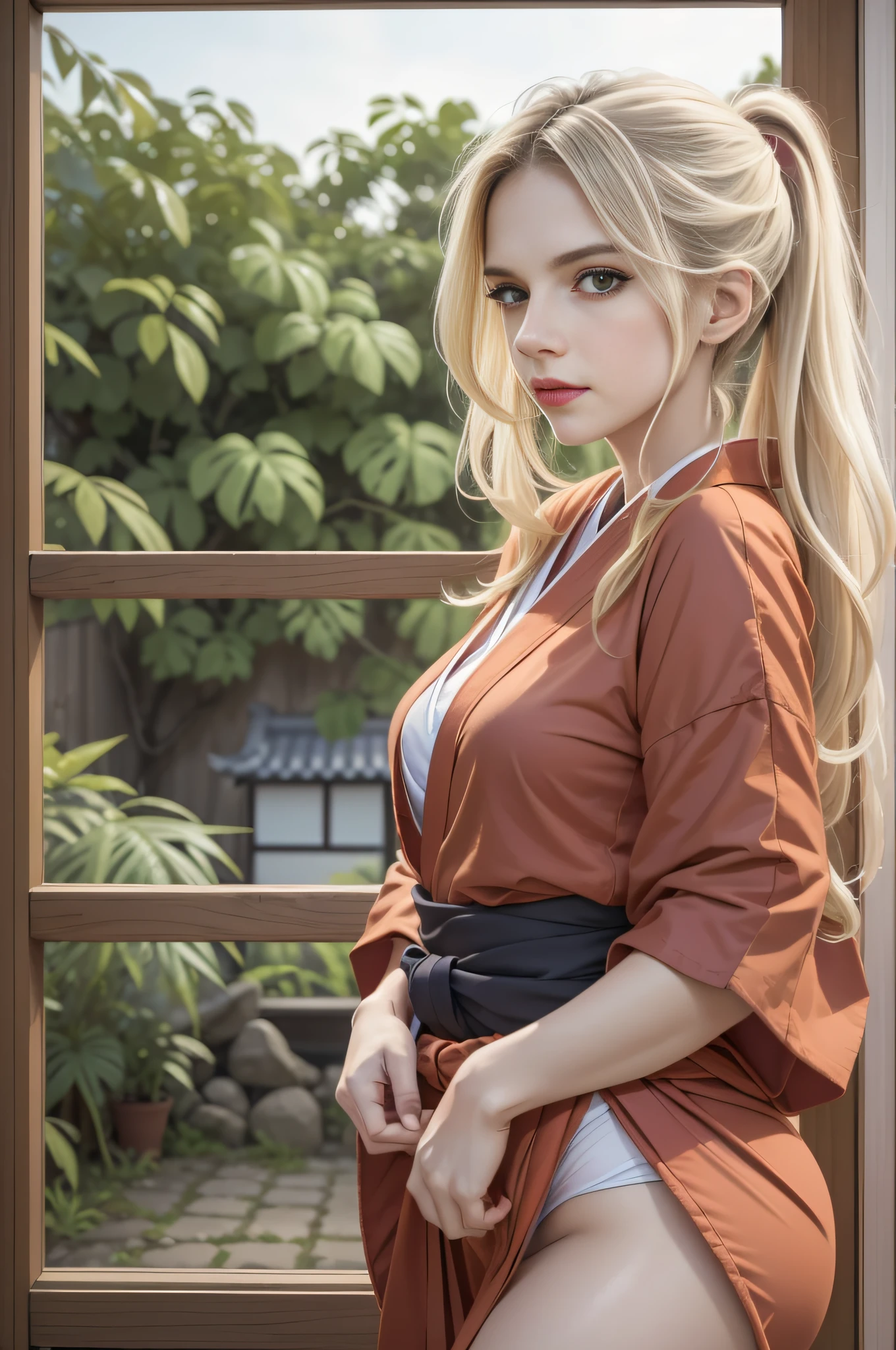 absurdres, foto RAW, mais alta qualidade, (obra-prima: 1.3), foto de cor RAW de alto detalhe, foto profissional, unidade de papel de parede CG 8k extremamente detalhada, foto-realista, realista, foto RAW, obra-prima, melhor qualidade, highres, illustration,
1girl, , alta, rabo de cavalo, cabelo loiro, medium length, pernas finas, rosto lindo perfeito realista, belos olhos castanhos detalhados, pele clara, textura de pele detalhada, seios planos, bunda pequena, corpo bonito. (kimono ninja vermelho, hakama vermelho, design detalhado) In a wooden dojo com espadas, spears and sticks in the background.