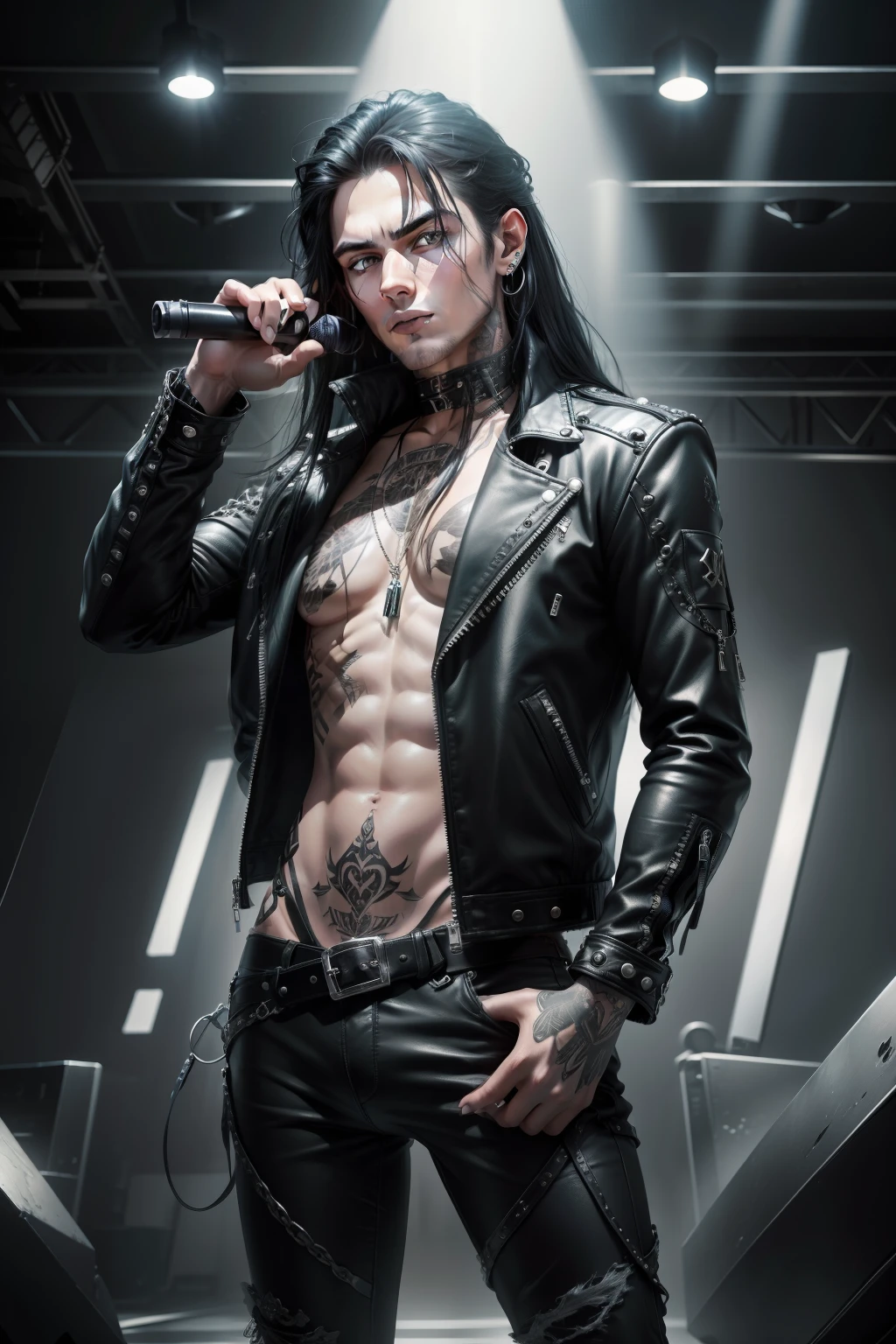 photography of a heavy metal star, a solo man, 25 years old, singer, microphone, black eyes, perfect detailed eyes, perfect detailed face, expressive look, long dark blue black hair, straight hair, blue shine hair, unshaven, cross silver earrings in ears, black leather jacket, leather pants, chest tattoo, super detailed face, perfect body, perfect shapes, realistic image, award winning photography, 8k,