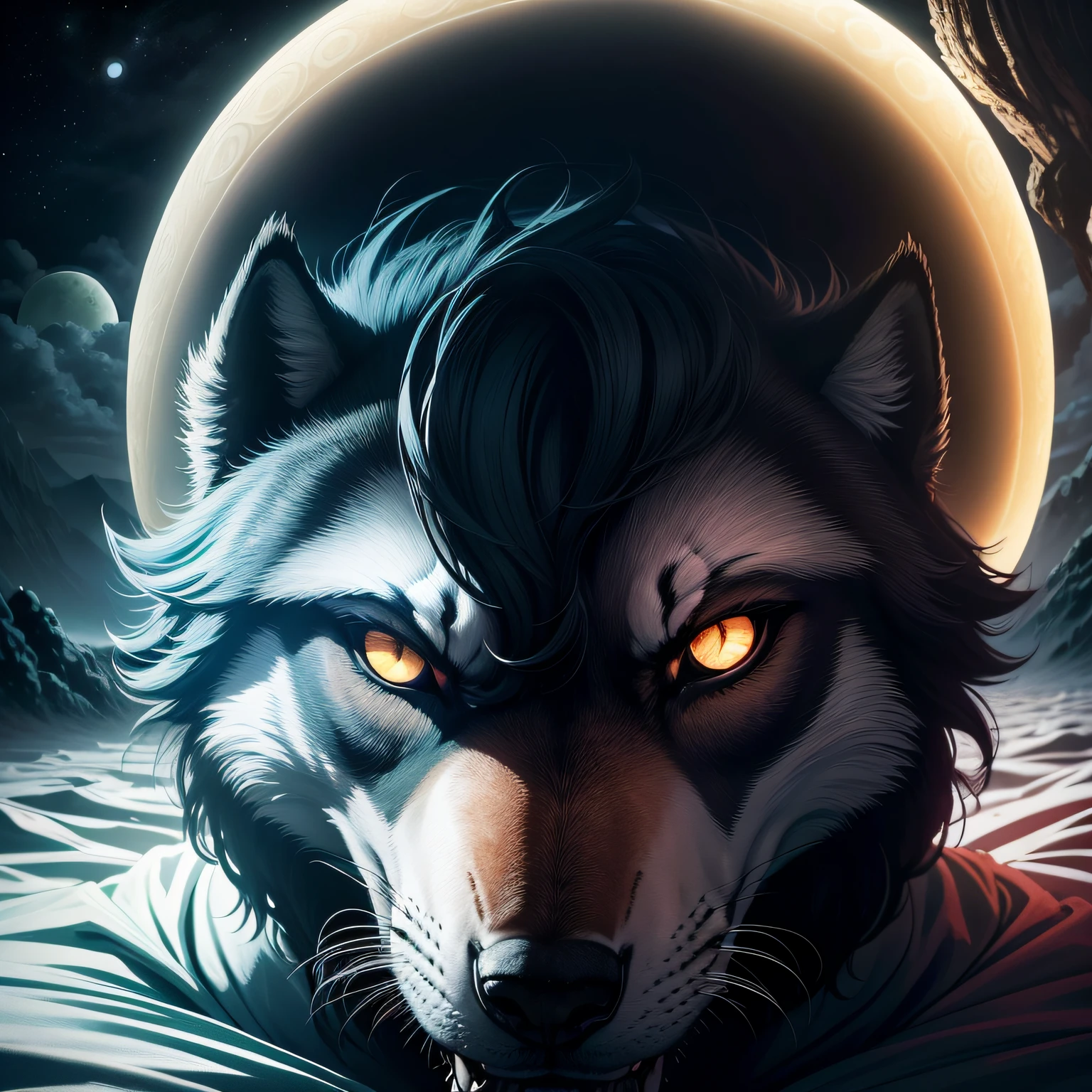 (tmasterpiece、Precisar、Ultra-delicado、A high resolution),Castelo Escuro Torcido,a noite,sem luz,(lua muito grande:1.5),raios de luar,Surrounded by the man who is half wolf,(perspectiva positiva,Olhe para a lente de cima para baixo)