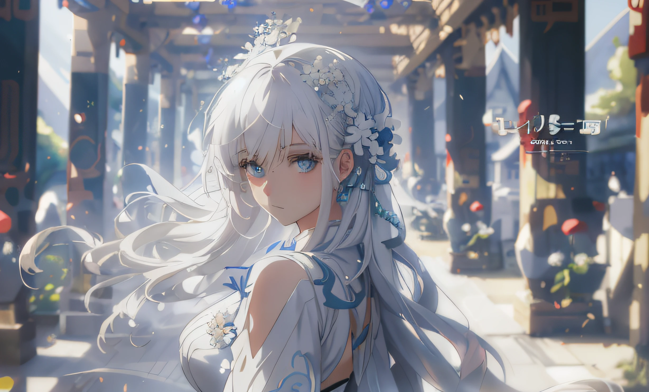 Anime girl with white hair and blue eyes in the yard, Guweiz in Pixiv ArtStation, Guviz, Guweiz on ArtStation Pixiv, white-haired god, a beautiful anime portrait, Detailed digital anime art, Girl with white hair, Guviz-style artwork, trending on artstation pixiv, Beautiful anime girl