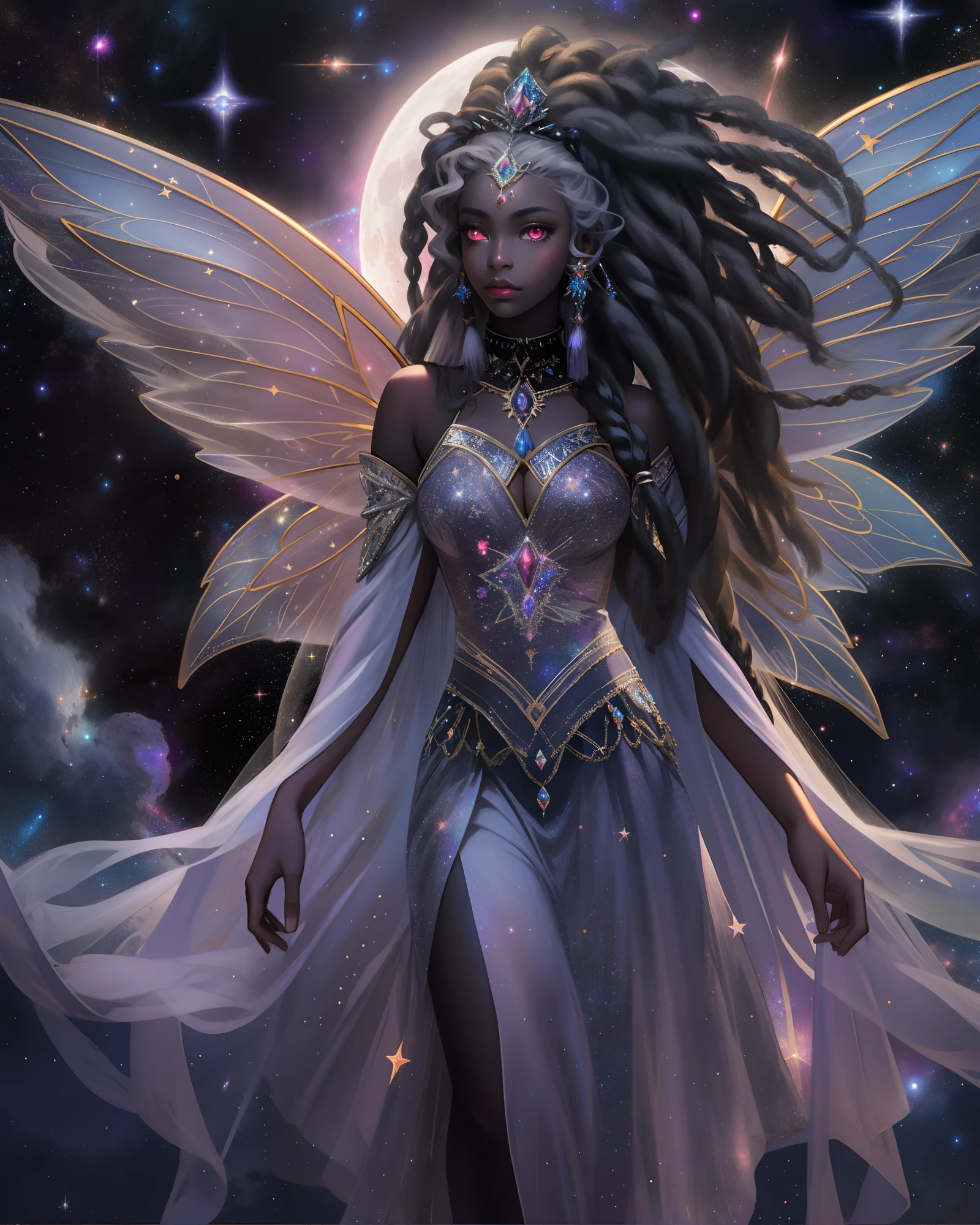 sad hyper realistic, beautiful sad african american dark cloud fairy dark princess fairy, large fairy wings, long silver shiny dreadlocks, white glowing eyes, surrounded by stars and galaxies in cosmic space, GIANT FAIRY WINGS, holding the MOON, masterpiece, cinematic,
