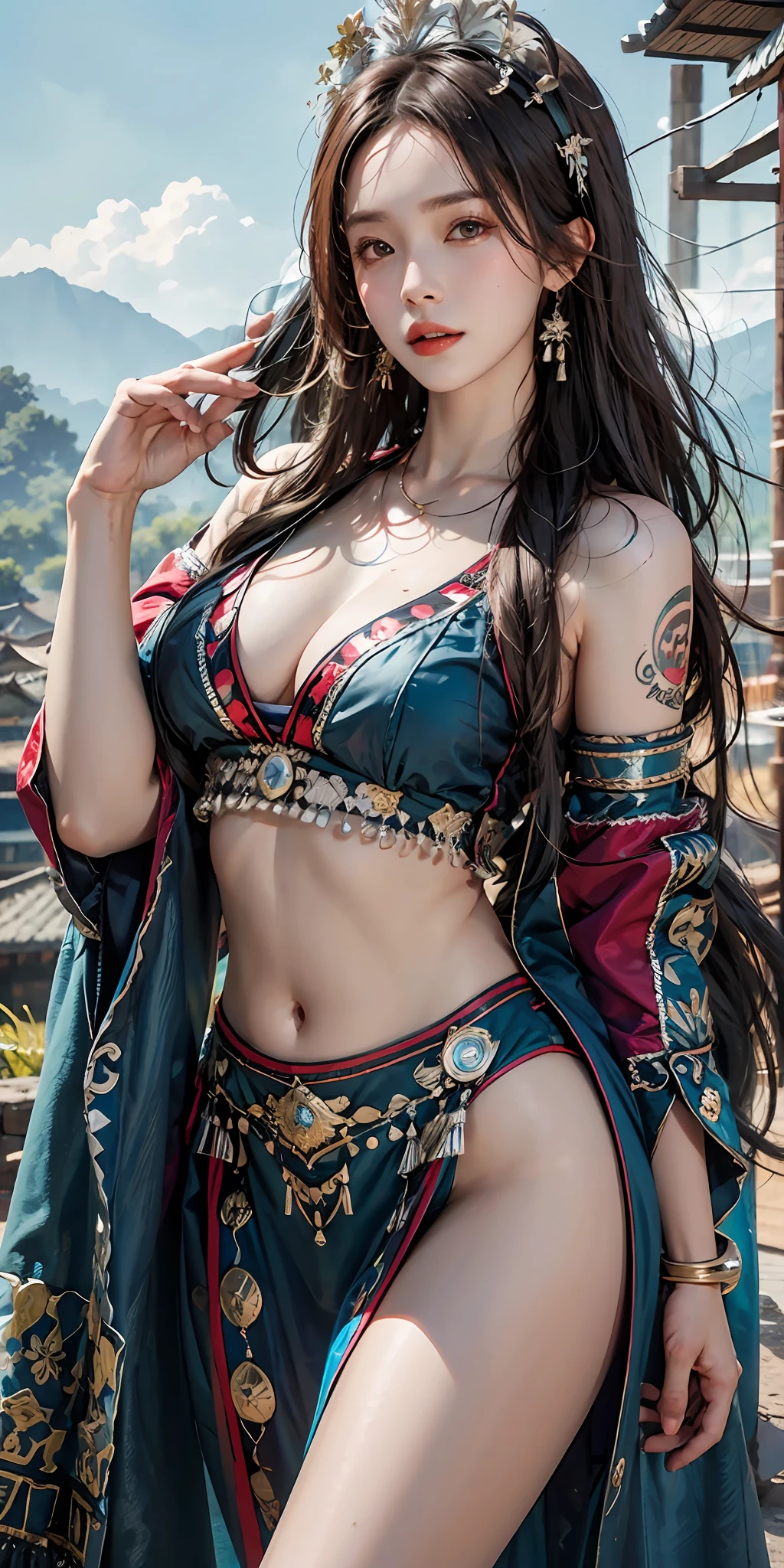 photorealistic, high resolution, soft light,1women, solo, hips up, shining skin, (detailed face), plateau,blue sky,rice fields,extreme detailed,torogao, hmong clothes, crown, jewelry, tattoo