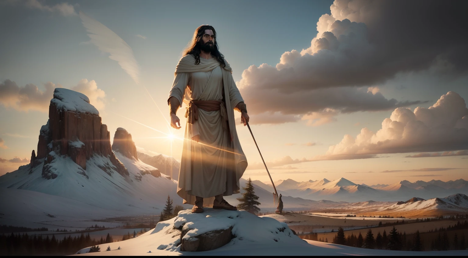 A majestic realistic Jesus Christ stands on top of a hill