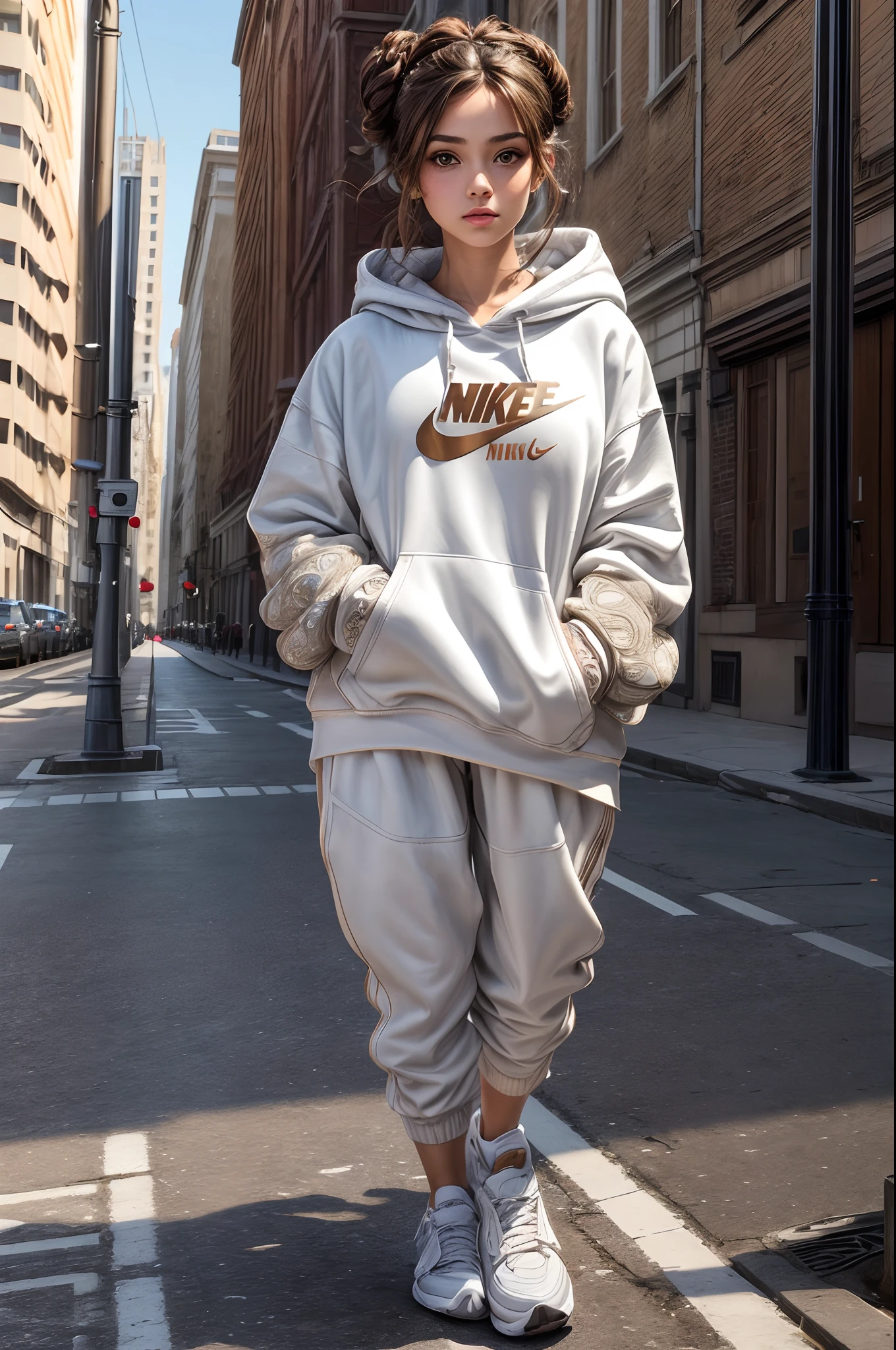 (masterpiece), (extremely intricate:1.3), (realistic), ((1girl)), ((solo)), ((1girl)), ((solo)),pretty girl, brown hair, comma hair, comma hair, updo hair, latin hair, street style, hoodie, white buildings background, bright, brown eyes, looking at the viewer, full body, Nike sneakers.