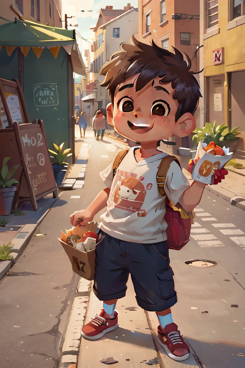 8-year-old boy named Ricky, short brown hair, smiling, holding bags of food on the street
