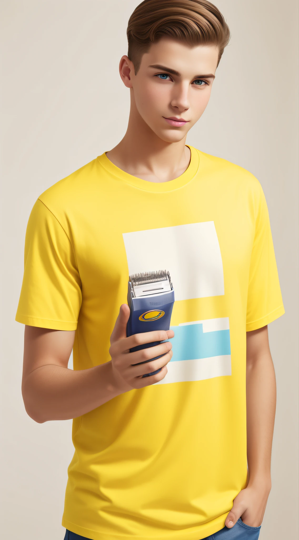 Caucasian young man, holding a clipper in his hands, yellow t-shirt, looking straight ahead, neutral background