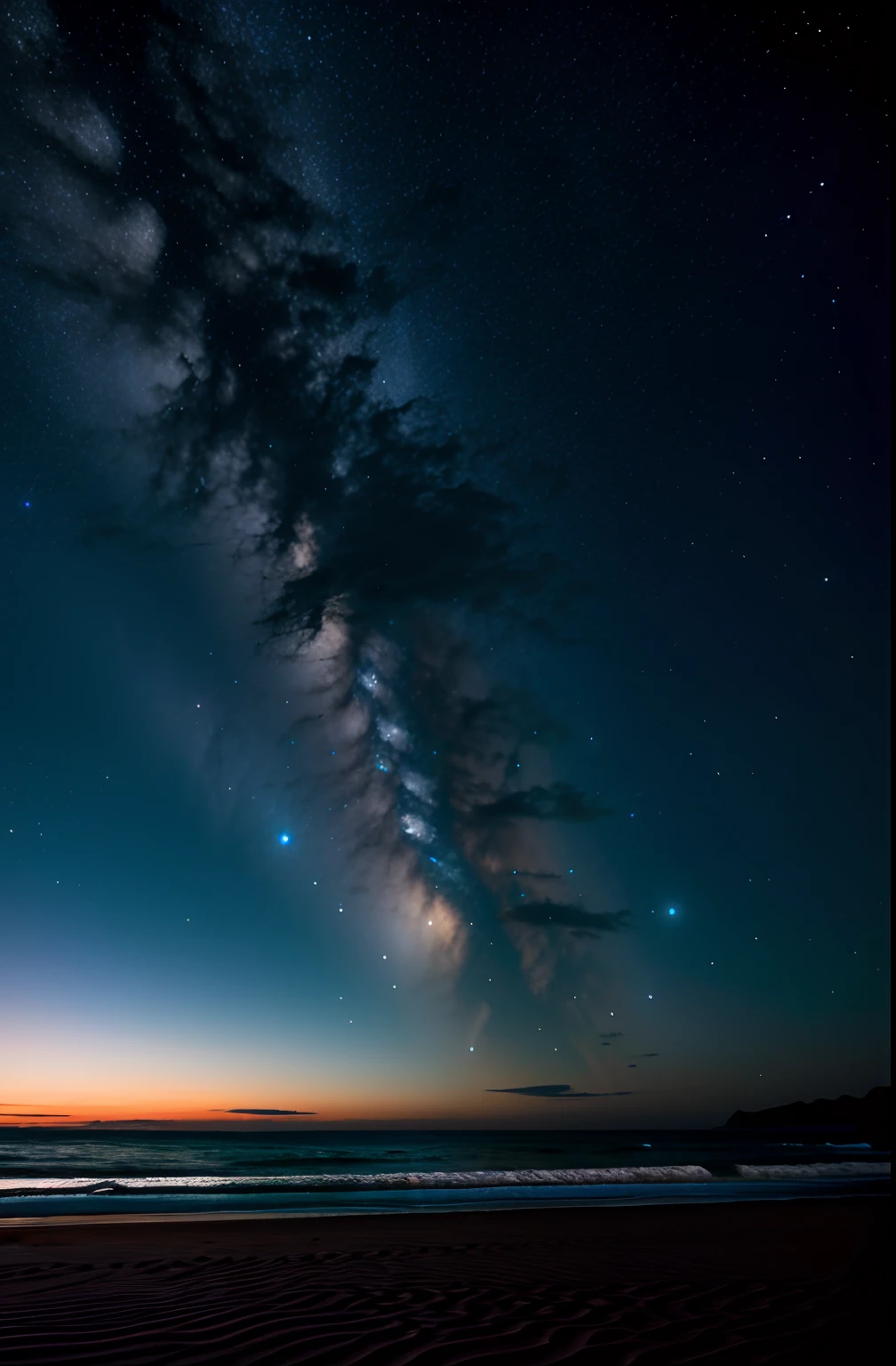 Top image quality,On the silver sand,the ocean,Blues moments,the night,starrysky,Dark blue sky,low angle shot,Whales jump out of the sea