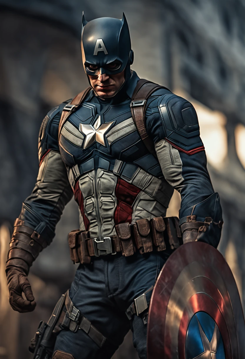Full body photo of Captain America Batman style , looking at the center camera, perfect composition, bonito, detalhado, intrincado, Intricate octane render trend in Artstation, 8 k artistic photography, arte conceitual fotorrealista, soft natural volumetric cinematic perfect light, Chiaroscuro, Fotografia premiada, master part, oil on the canvas, Raphael, Caravaggio, Greg Rutkowski, bipe, Beksinski, Giger, trending on ArtStation, foco nítido, Studio photo, detalhes intrincados, altamente detalhado, fundo noturno da cidade, Directed by: Greg Rutkowski