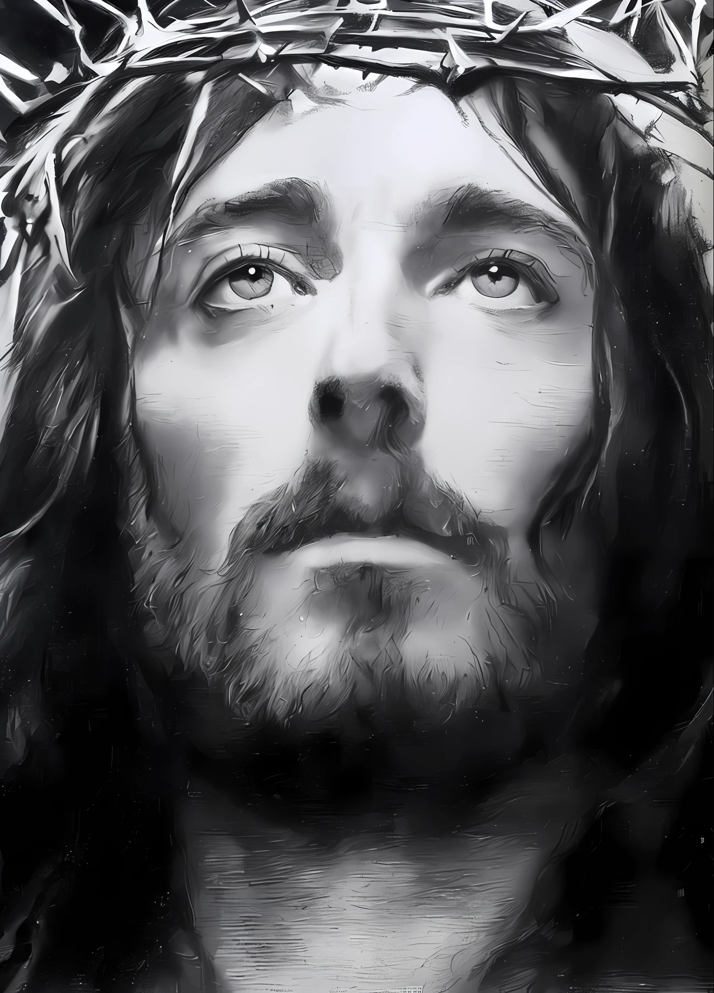 arafed drawing of a man with a crown of thorns on his head, jesus face, portrait of jesus christ, jesus christ, jesus, jesus of nazareth, fan art, beautiful image ever created, detailed charcoal drawing, gigachad jesus, charcoal art, the face of god, beautiful depiction, very beautiful masterpiece, beautifully drawn, charcoal drawing, jesus on cross