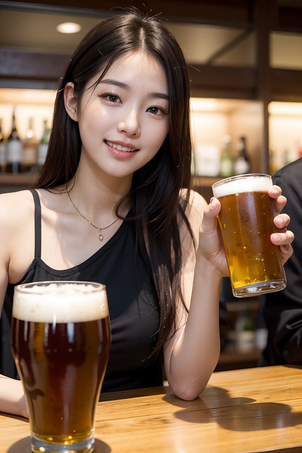 , young pretty Korean woman, langes Haar, Realistisch, im Club, Holding Beer, laughing