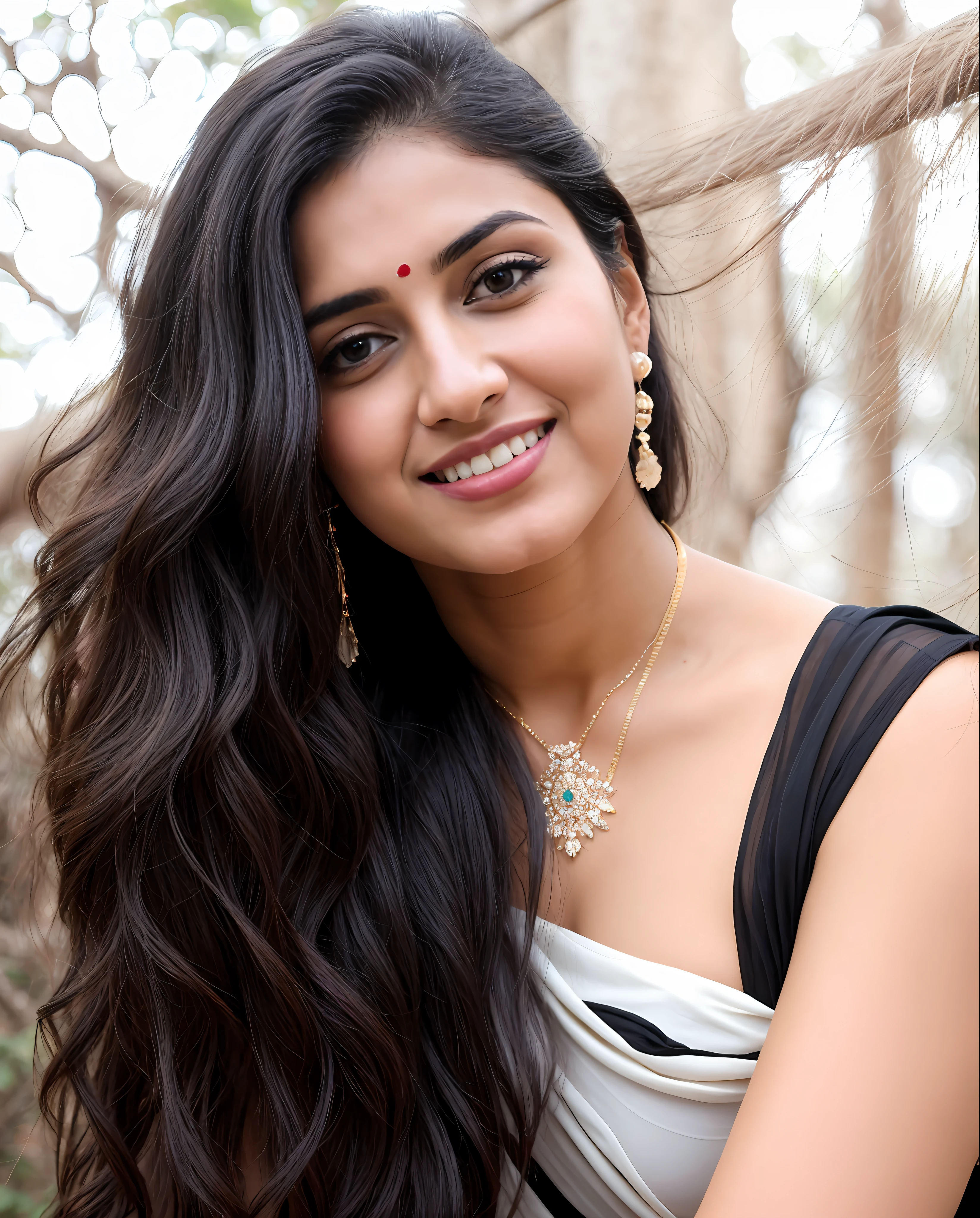 RAW photo, face portrait photo of beautiful 26 y.o woman, cute face, wearing black white sari, happy face, hard shadows, cinematic shot, dramatic lightin, big boobs, long hair, dramatic background, dark pink lips, sexy figure