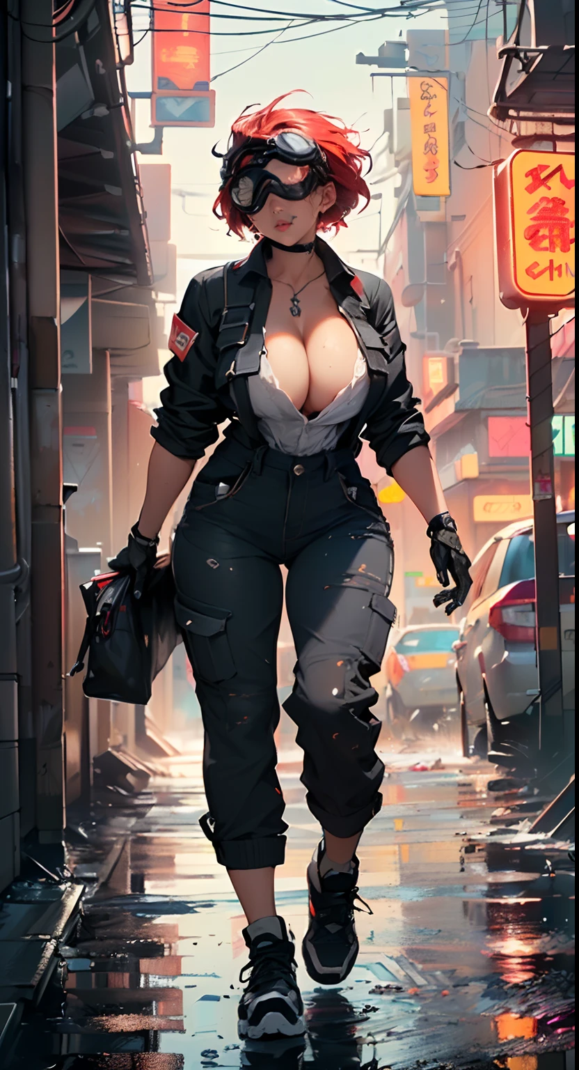 dark skin,very dark skin,dark_skin,
mechanical girl,(1girl: 1.3),((1 black girl with extremely cute and beautiful red hair)),((((black race)))),
(big breasts: 1.4),sagging breasts,(((short red hair: 1.35,cropped,redhead,very short hair)),((heterochromia:1.5,eye1 red,eye2 white,perfect eyes,rolled eyes up: 1.3,beautiful detailed eyes,finely detailed beautiful eyes: 1,big highlight on eyes: 1.2)),(fat: 1.2),(((black skin,dark skin woman,dark skin: 1.3,skin of ebony,lustrous skin: 1.5,shiny skin: 1.5,tan skin,shiny skin,very shiny skin,shiny body,plastic shiny skin,exaggerated shiny skin,illuminated,skin, wet legs))),(spider lower abdomen,narrow waist,wide hip ,athletic body,inflated legs,delicate and detailed fingers,hand with only five fingers,detailed body,human hands,(detailed face)),(((muscle legs,muscular thighs,muscular girl))),(strong and muscular,bodybuilder,strong body,muscular,feminine and muscular),(huge stature,tall stature,very tall girl),
cute,slutty,sensual,seductive look,seductive,erotic,enchanting,(((nsfw))),
(fitted overalls: 1.3,suit unbuttoned),((mechanical tools on his clothing)),(((huge cleavage))),((((mechanical goggles on the above the hair:1.5)))),((wet clothes,detailed outfit,detailed clothes)),
(dynamic pose:1.0),embarrassed,(centered,scale to fit dimensions,Rule of thirds),
((((cyberpunk city by the ocean,huge buildings,neon signs,puddles)))),stormy sky,threatening sky,dark clouds,((synthwave background theme,detailed background : 1.25)),((((night,nice lighting decorations,detailed architecture)))),
(best quality,high resolution,sharp focus,ultra detailed,extremely detailed,extremely high quality artwork,(realistic,photorealistic:1.37),8k_wallpaper,(extremely detailed CG 8k),(very fine 8K CG),((hyper super ultra detailed perfect piece)),flawless,(((masterpiece))),illustration,vibrant colors,(intricate),High contrast,Selective lighting,Double exposure,HDR (High Dynamic Range),Post-processing,Background blur,