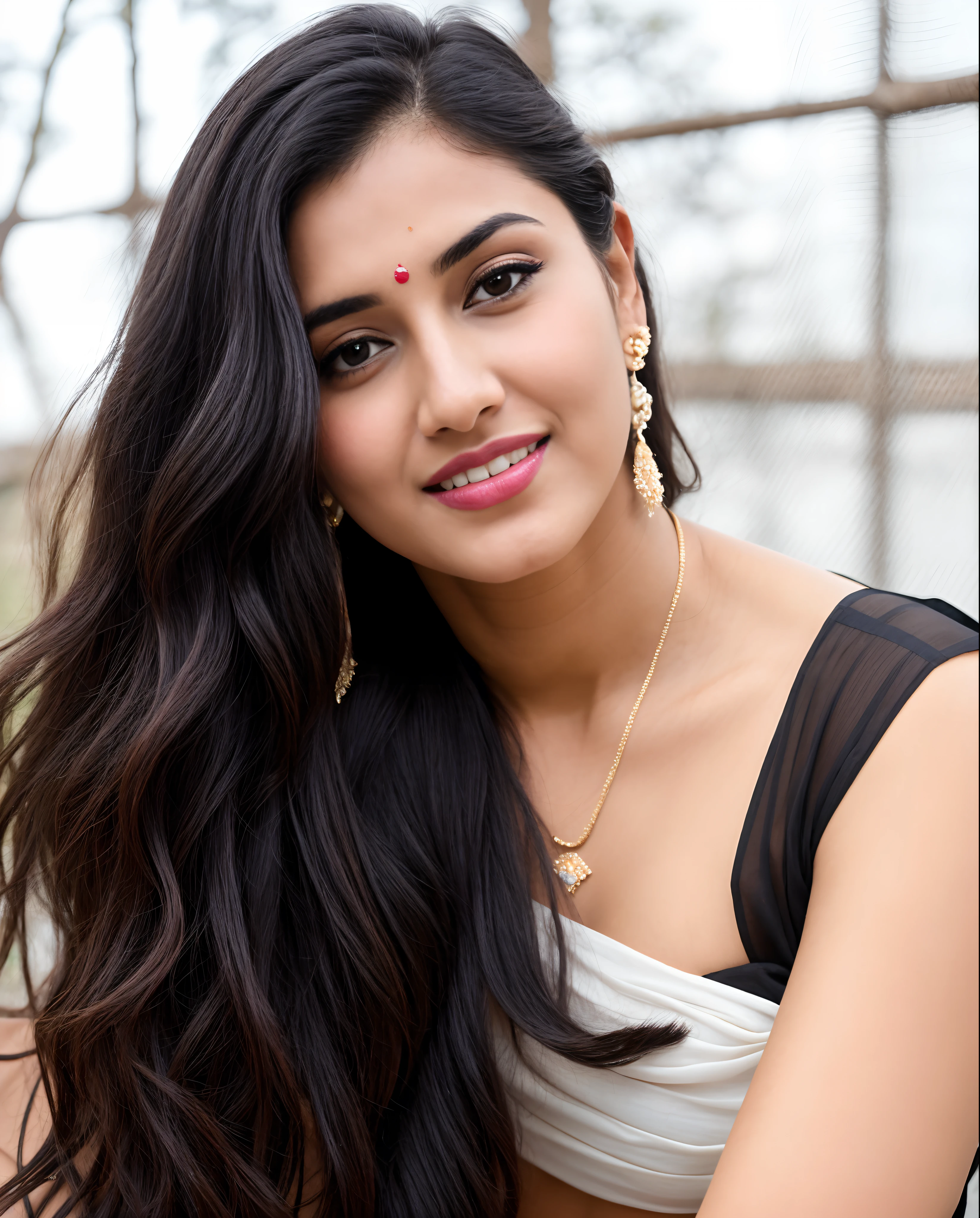 RAW photo, face portrait photo of beautiful 26 y.o woman, cute face, wearing black white sari, happy face, hard shadows, cinematic shot, dramatic lightin, big boobs, long hair, dramatic background, dark pink lips, sexy figure