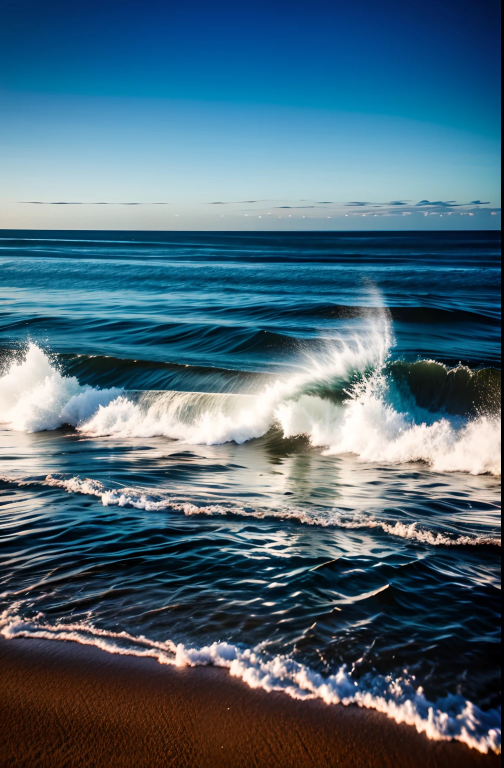Top image quality，On the silver sand，the ocean，Blues moments，the night，starrysky，Dark blue sky，low  angle shot，Fish jump out of the sea