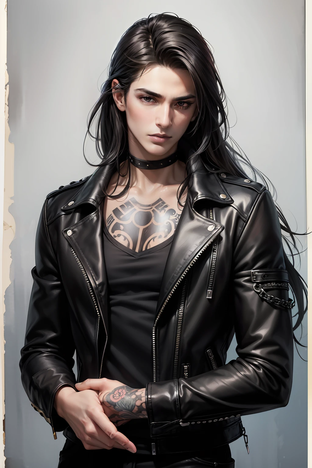 realistic man 30 years old, ((((man)))), heavy metal singer, very long straight black hair, black eyes, oval face, skinny, attractive, perfect proportions, heavy metal style, looking at viewer, fashion pose, beautiful face, black leather jacket, black choker, tattoo, bad boy, masculine, flawless art line, watercolor, colored pencils, high quality, detail, wide background, perfect for book, perfect anatomy, centered, approaching perfection, dynamic, highly detailed, watercolor painting, masterpiece, watercolor art, natural light, complex, elegant, pieces of color, sketchbook, hand drawn, dark, grainy, realistic sketch, rough sketch, character sheet, beautiful and stunning detailed, realistic illustration