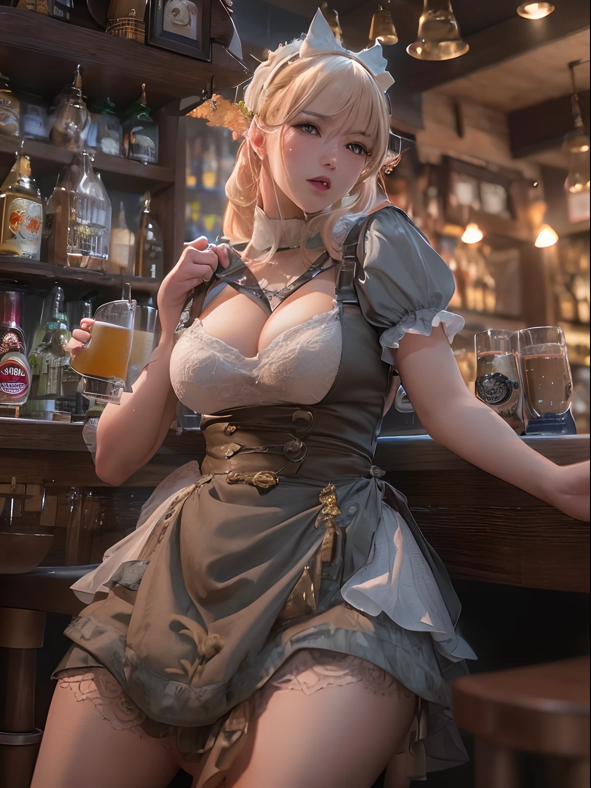 (masutepiece, High resolution, Photorealsitic:1.4), (Ogre working in tavern wearing maid clothes that emphasize breasts often seen in sensual and statue-like figure games:1.3), One horn protrudes from the head、Maid clothes with extremely small fabric area、(Shortwear, tight-fitting clothes、Walk around the store:1.2), (Golden hair:1.2), (Rosy cheeks blush with a hint of shy:1.2), (I work in a pub:1.2), (A stylish pub inspired by medieval Europe:1.1), (Stylish neon lights in the store:1.1), (Canon EOS R5 mirrorless camera:1.2), (Paired with Canon RF 24-70mm f/2.8 L IS USM Lens。:1.2), (Capture the realism of the moment:1.2), (Celebrate the magical charm of meeting the forest:1.2), (Captivating photos that bring fantasy to life:1.1), Cinematic, ultra-detailliert, Insane details, Beautifully color graded, Unreal Engine, degrees of freedom, Hyper-Resolution, Megapixel, cinematic lightening, Anti-aliasing, FKAA, TXAA, nffsw, SSAO, post processed, Post Production, Tone Mapping, ......CGI, VFX, tokusatsu, insanely detailed and intricat, Hyper maximalist, Hyper realistic, Volumetric, Photorealistic, ultra photoreal, Ultra-detailed, Intricate details, 8K, super detailed, fulcolor, Volumetric lightning, nffsw, Realistic, Unreal Engine, 16 K, Sharp Focus, Octane render --v testp