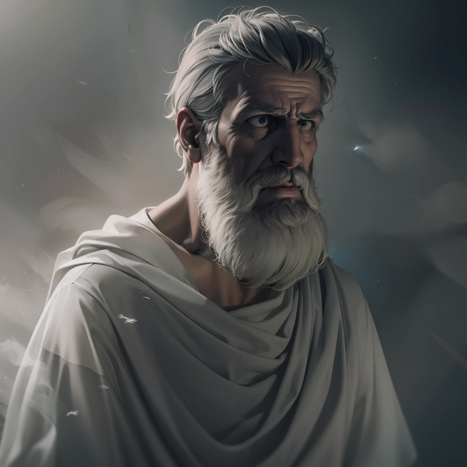 The frightening Greek realist philosopher of Epicurus, Bold, detailed wearing a ghostly toga, fundo neutro, Moody, , fotorrealista, Jantar de filme assustador, super detalhada, Hiper realista, luzes brilhantes, 8k