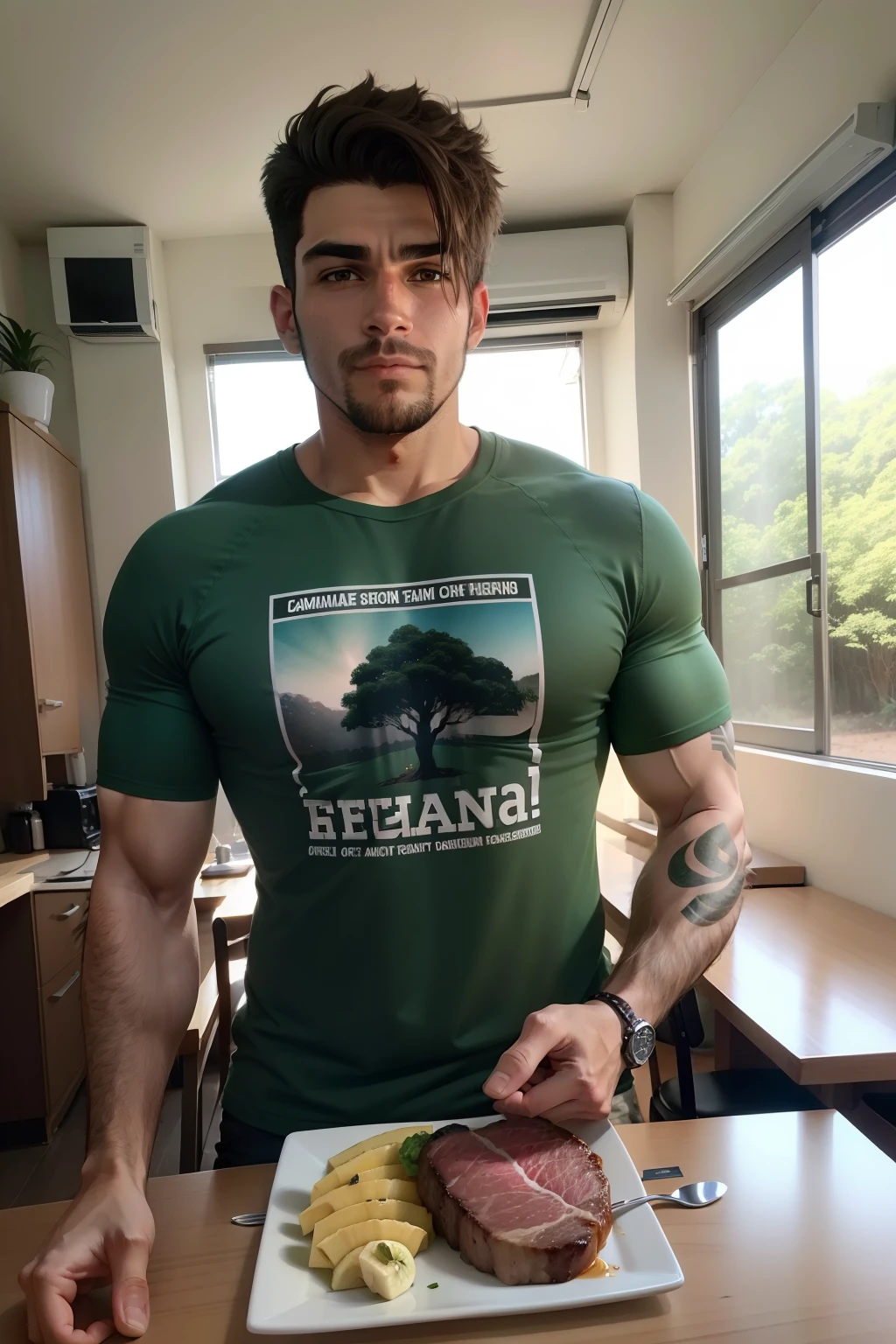 Homem com camiseta fechada. In front there is a table with a piece of counter steak, e uma penca de banana e duas mangas. Behind it is a green forest.
