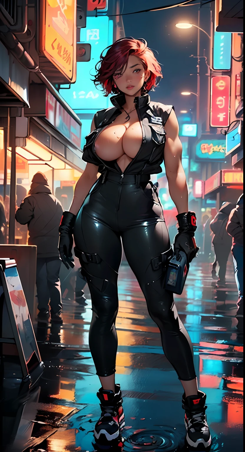 dark skin,very dark skin,dark_skin,
mechanical girl,(1girl: 1.3),((1 black girl with extremely cute and beautiful red hair)),((((black race)))),
(big breasts: 1.4),sagging breasts,(((short red hair: 1.35,cropped,redhead,very short hair)),((heterochromia:1.5,eye1 red,eye2 white,perfect eyes,rolled eyes up: 1.3,beautiful detailed eyes,finely detailed beautiful eyes: 1,big highlight on eyes: 1.2)),(fat: 1.2),(((black skin,dark skin woman,dark skin: 1.3,skin of ebony,lustrous skin: 1.5,shiny skin: 1.5,tan skin,shiny skin,very shiny skin,shiny body,plastic shiny skin,exaggerated shiny skin,illuminated,skin, wet legs))),(spider lower abdomen,narrow waist,wide hip ,athletic body,inflated legs,delicate and detailed fingers,hand with only five fingers,detailed body,human hands,(detailed face)),(((muscle legs,muscular thighs,muscular girl))),(strong and muscular,bodybuilder,strong body,muscular,feminine and muscular),(huge stature,tall stature,very tall girl),
cute,slutty,sensual,seductive look,seductive,erotic,enchanting,(((nsfw))),
(fitted overalls: 1.3,suit unbuttoned),((mechanical tools on his clothing)),(((huge cleavage))),((((mechanical goggles on the above the hair)))),((wet clothes,detailed outfit,detailed clothes)),
(dynamic pose:1.0),embarrassed,(centered,scale to fit dimensions,Rule of thirds),
((((cyberpunk city by the ocean,huge buildings,neon signs,puddles)))),stormy sky,threatening sky,dark clouds,((synthwave background theme,detailed background : 1.25)),((((night,nice lighting decorations,detailed architecture)))),
(best quality,high resolution,sharp focus,ultra detailed,extremely detailed,extremely high quality artwork,(realistic,photorealistic:1.37),8k_wallpaper,(extremely detailed CG 8k),(very fine 8K CG),((hyper super ultra detailed perfect piece)),flawless,(((masterpiece))),illustration,vibrant colors,(intricate),High contrast,Selective lighting,Double exposure,HDR (High Dynamic Range),Post-processing,Background blur,