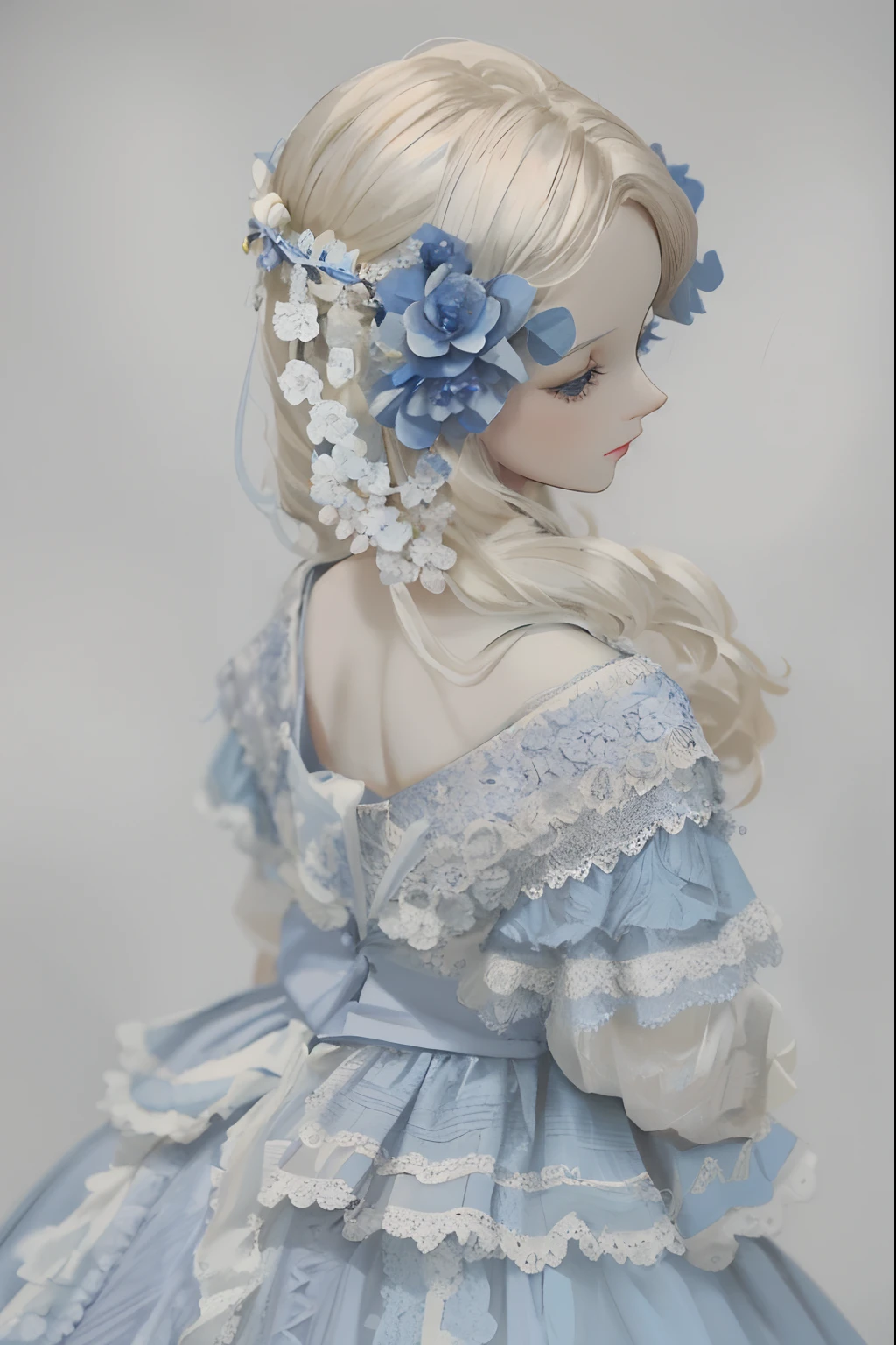 There's a doll wearing a blue dress and a flower., Art Doll, Ball Joint Doll, azure. detailed hair, Victorian blue dress, E. h. Beatrice Blue, White pale porcelain skin, Dreamy and detailed, Pale, bluish skin, Queen of Rococo, Pale-skinned porcelain, White skin porcelain, detailed picture, Pale milky white porcelain skin