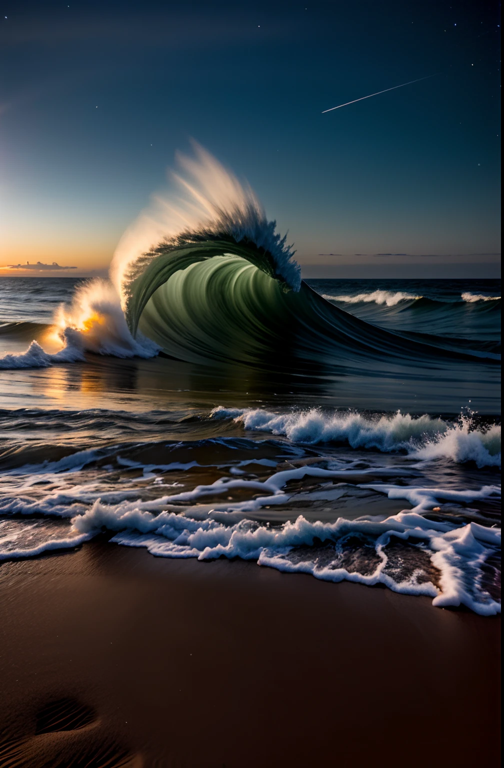 Top image quality,On the silver sand,the ocean,Blues moments,the night,starrysky,Dark blue sky,low angle shot,Huge waves,Ten-meter high waves,Frontal photo,On the beach