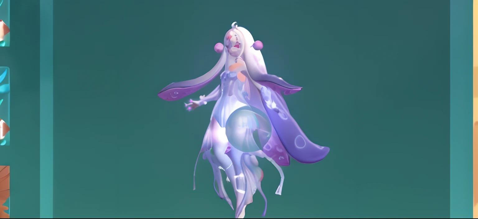 There is a photo of a woman in a purple dress, astral fairy, lunar themed attire, jellyfish priestess, seraphine ahri kda, ethereal skin, she has iridescent membranes, wiggly ethereal being, ethereal essence, kda, space flower fairy, white glowing aura, Stylized anime, spellcasting pose, astral witch clothes