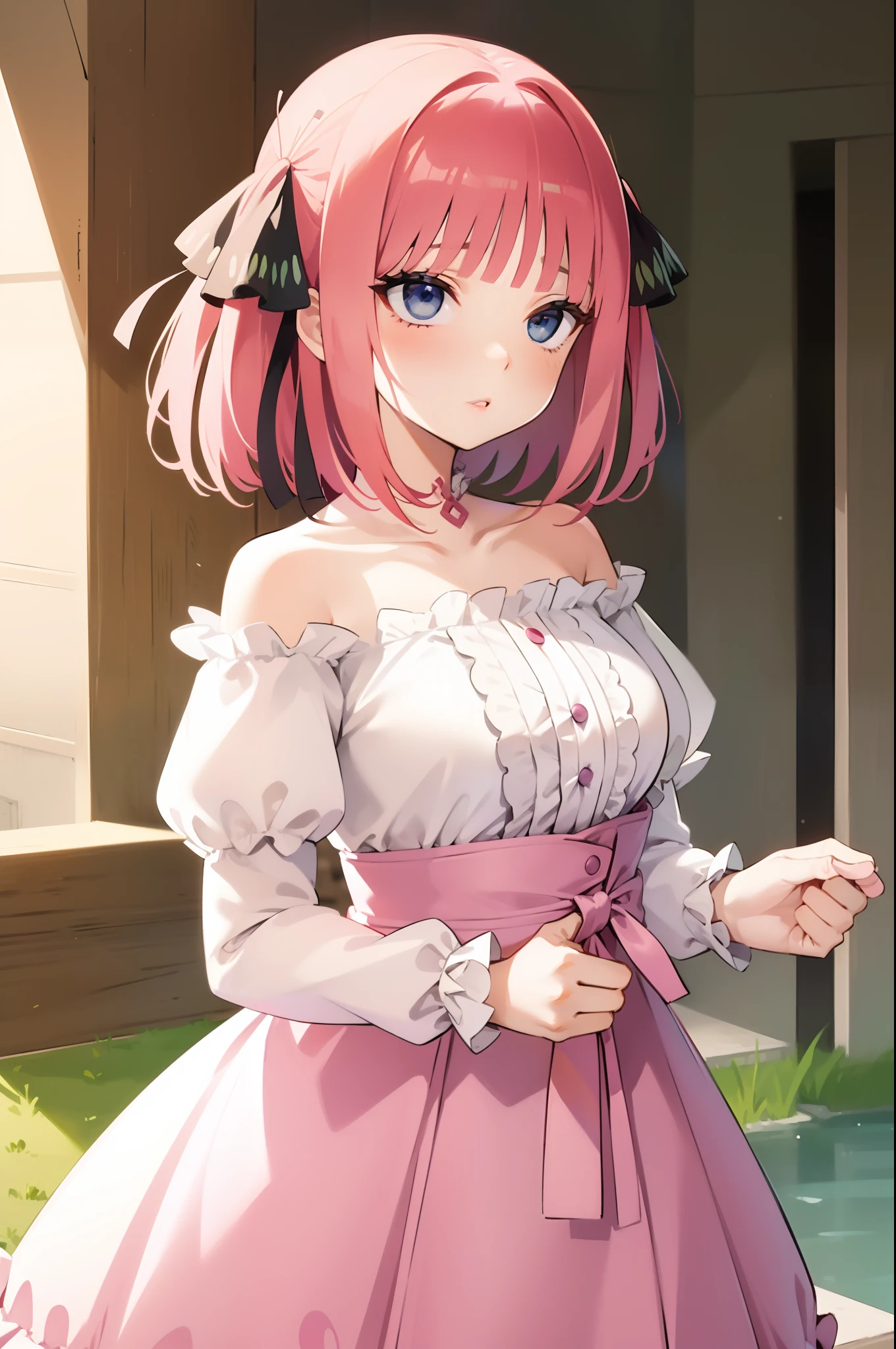 beautiful woman, wearing edgpskirt and Puff-sleeve off-the-shoulder blouse with a smocked waist., ((solo)), (Carmine and Pastel Green palette), masterpiece, 8k, high resolution, shallow depth of field, sharp focus