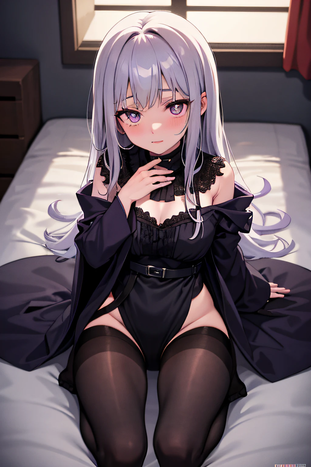 The Witch,1girll,tmasterpiece,The best quality,The is very detailed,full bodyesbian,Black tights,leg loops,Purple pupils,whaite hair,inside in room,Robe