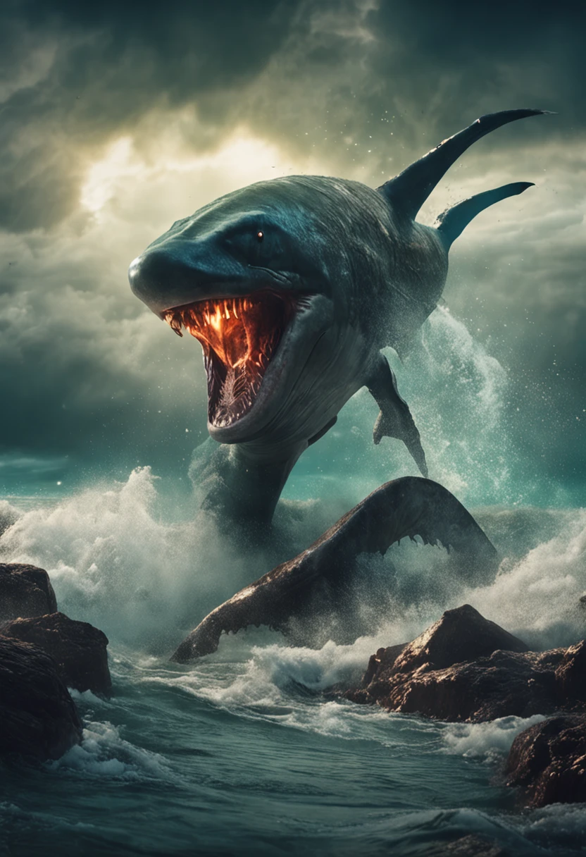 Leviathan coming out of the sea with lightning bolts over its head