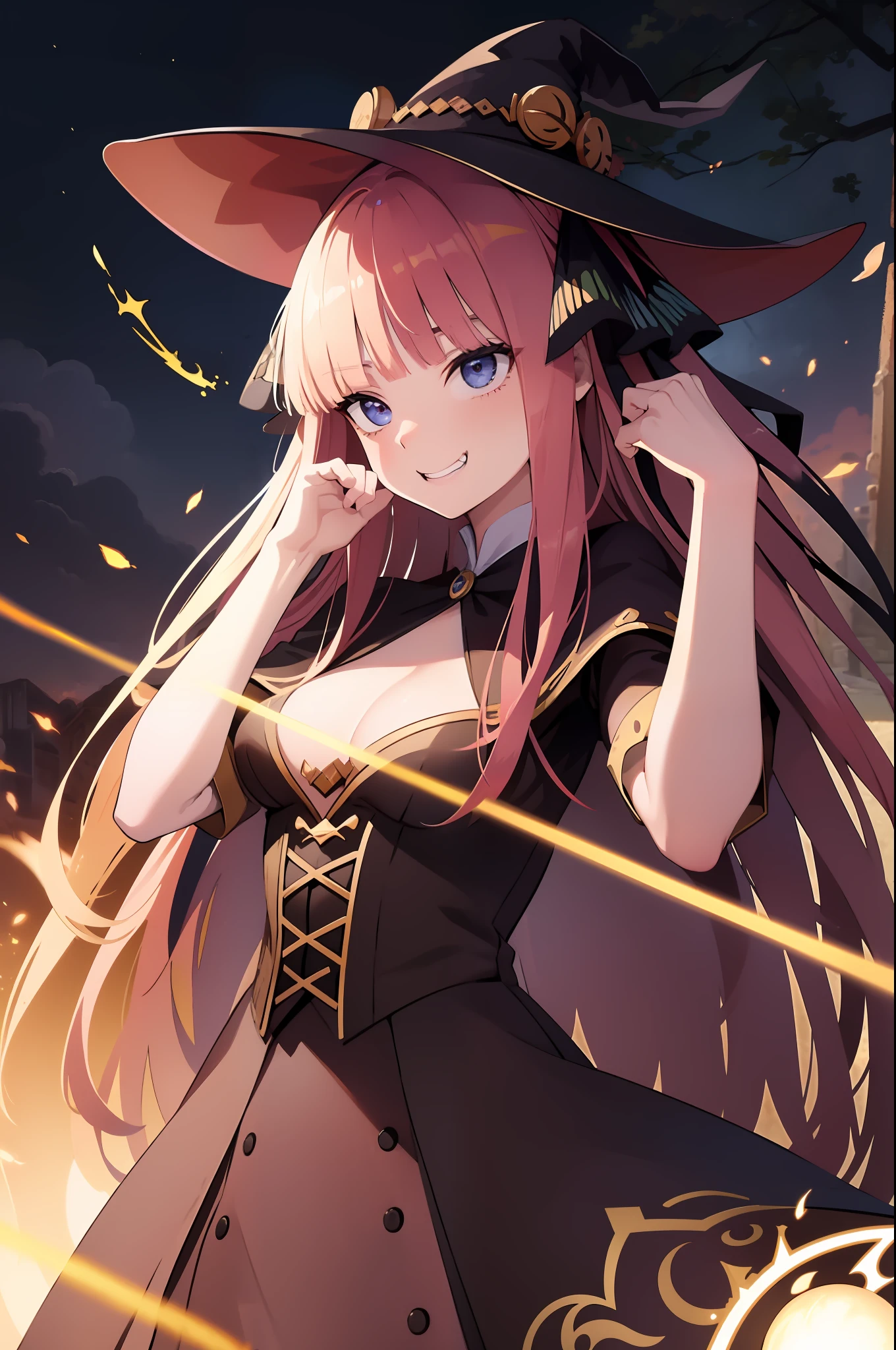 masterpiece, best quality, absurdres, novel illustration, 1girl, young, long hair, cinematic composition, cinematic angle, (dynamic pose:1.3), witch costume, hat, magic wand, fireball, magic, (casting spell:1.3), night, dark forest, bats, evil grin