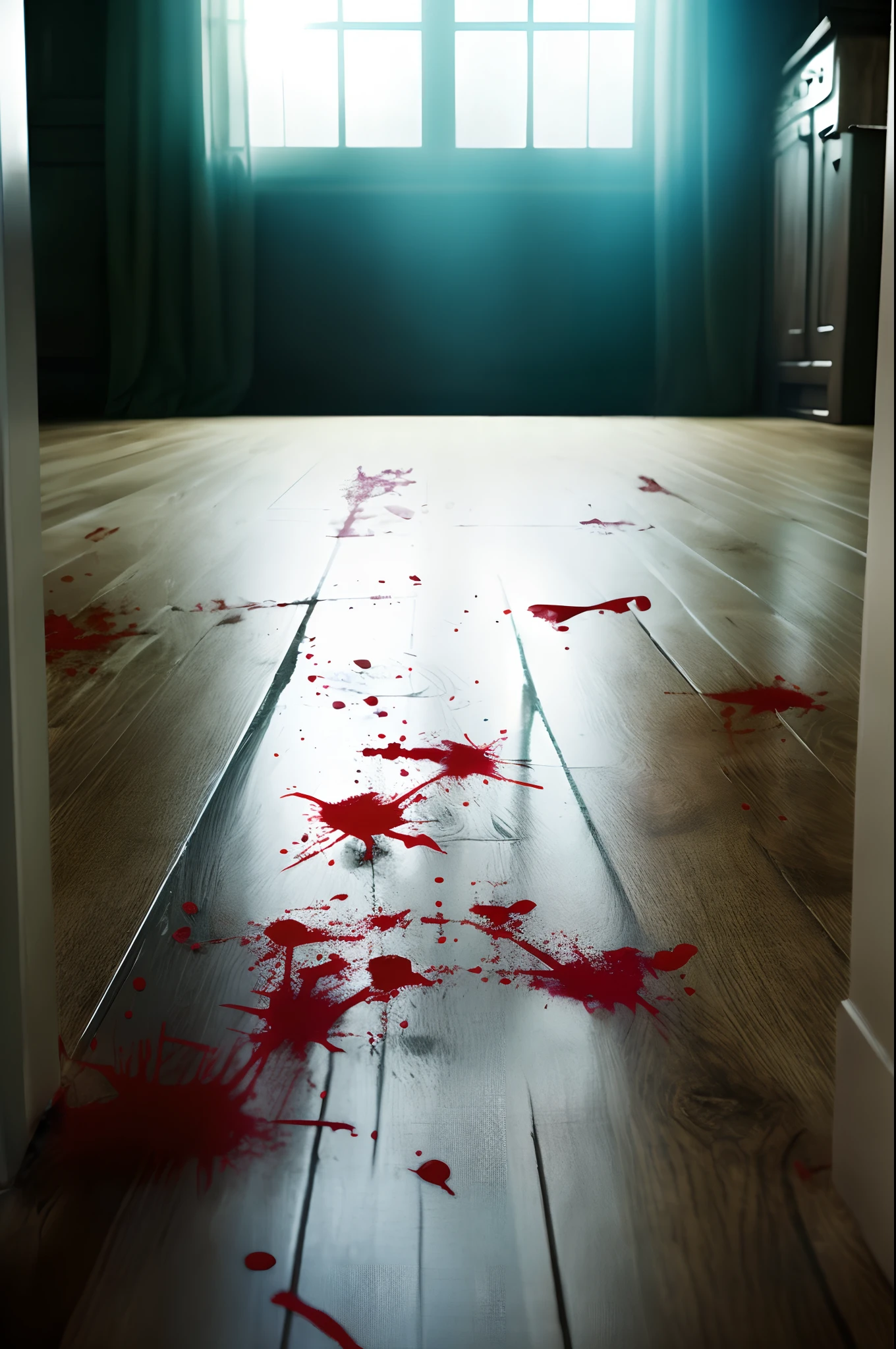 Dark room, with blood marks on the floor, very scary, ultra HD, cinematic