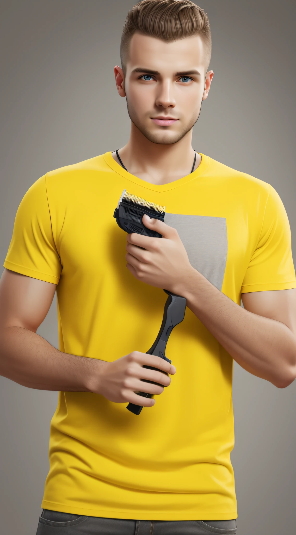 Young Caucasian man holding a hair clipper in hands, yellow t-shirt, looking forward, gray neutral background, realistic, hd, 8k